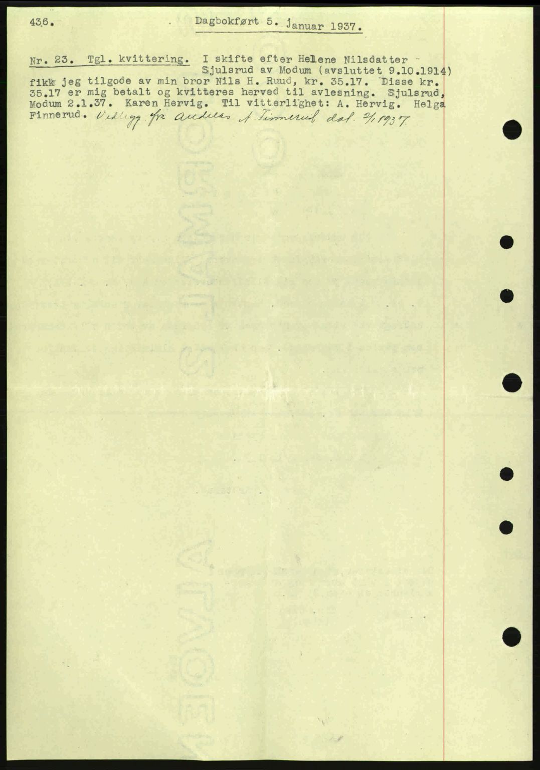 Eiker, Modum og Sigdal sorenskriveri, SAKO/A-123/G/Ga/Gab/L0034: Mortgage book no. A4, 1936-1937, Diary no: : 23/1937