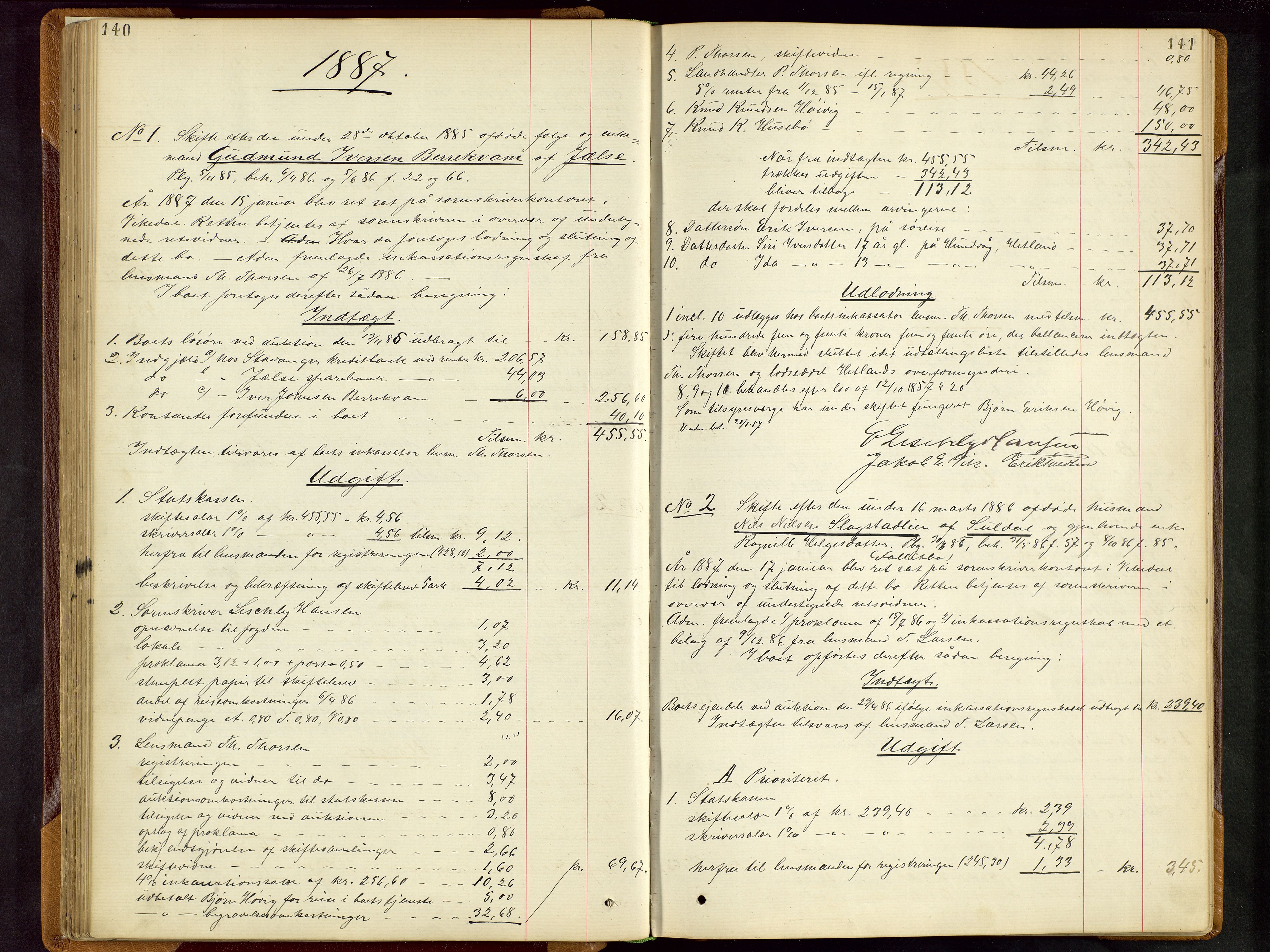 Ryfylke tingrett, AV/SAST-A-100055/001/IV/IVD/L0028: Skifteprotokoll, register i protokollen, 1885-1893, p. 140-141