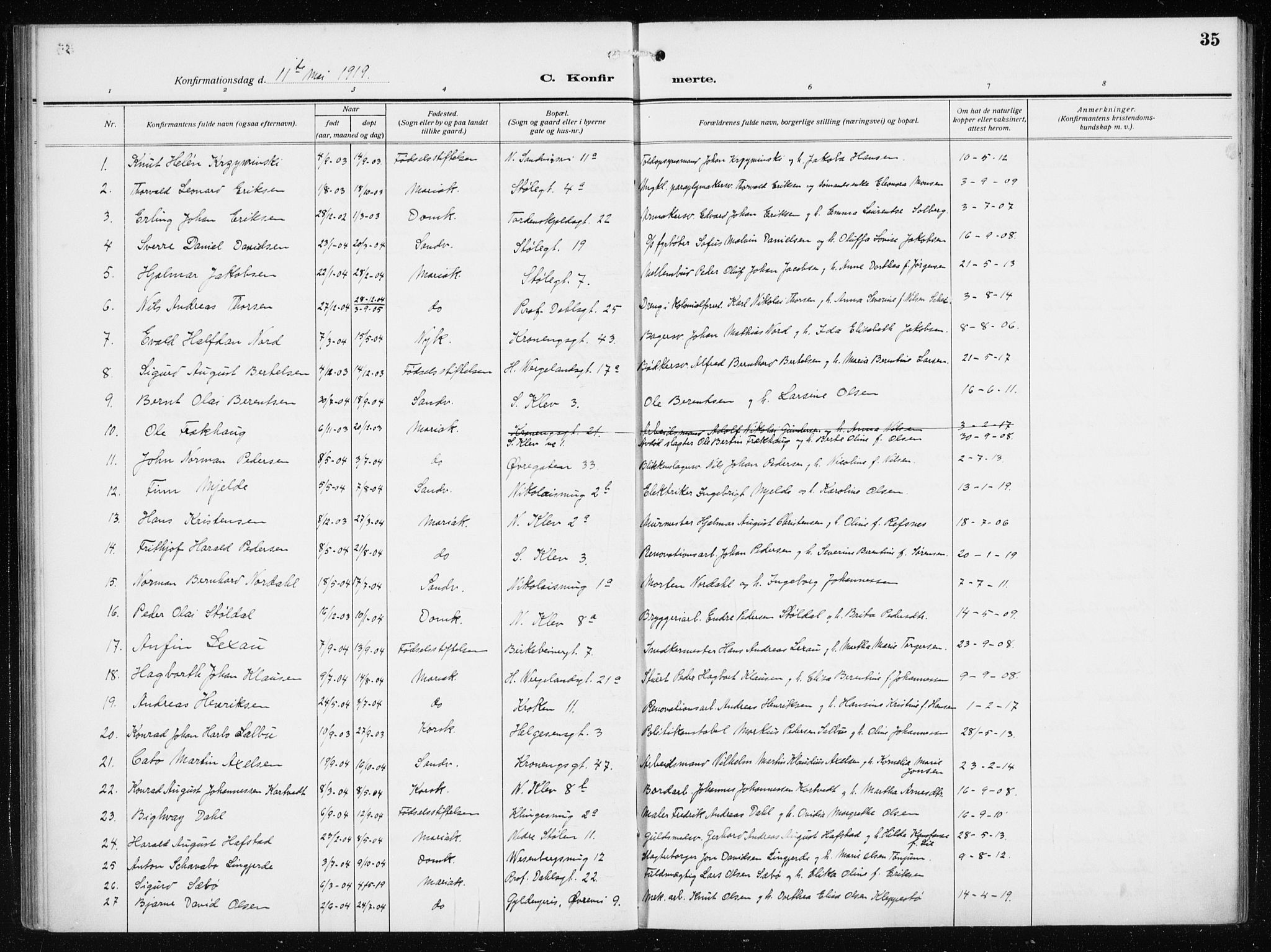 Mariakirken Sokneprestembete, AV/SAB-A-76901/H/Haa/L0015: Parish register (official) no. C 3, 1913-1927, p. 35