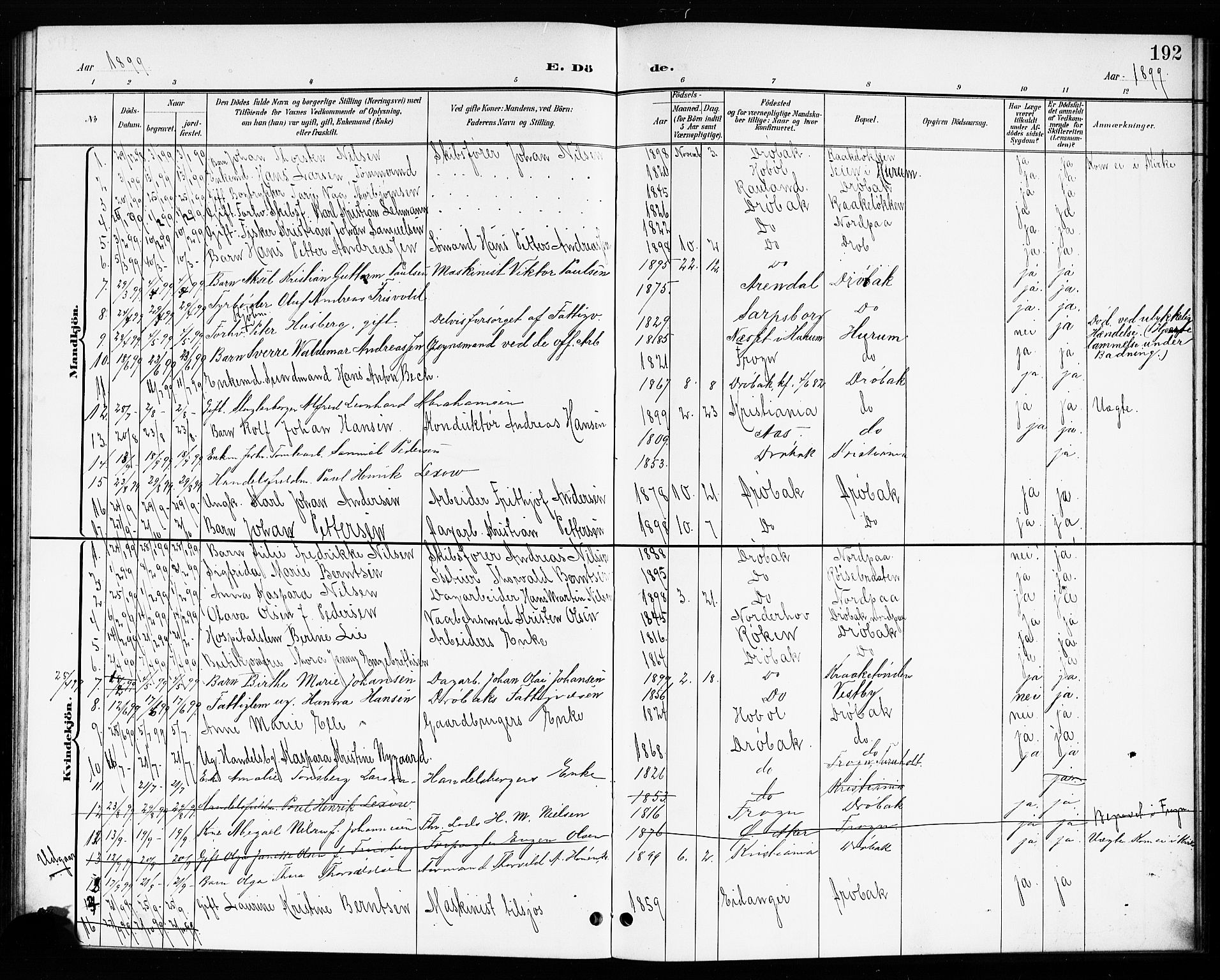 Drøbak prestekontor Kirkebøker, AV/SAO-A-10142a/G/Ga/L0001: Parish register (copy) no. I 1, 1897-1917, p. 192
