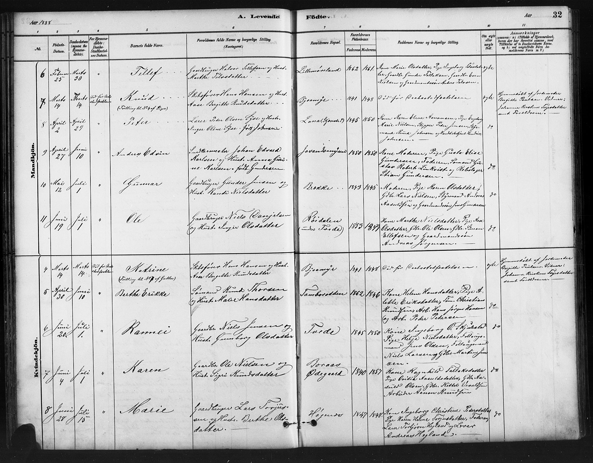 Austre Moland sokneprestkontor, SAK/1111-0001/F/Fb/Fba/L0003: Parish register (copy) no. B 3, 1879-1914, p. 32