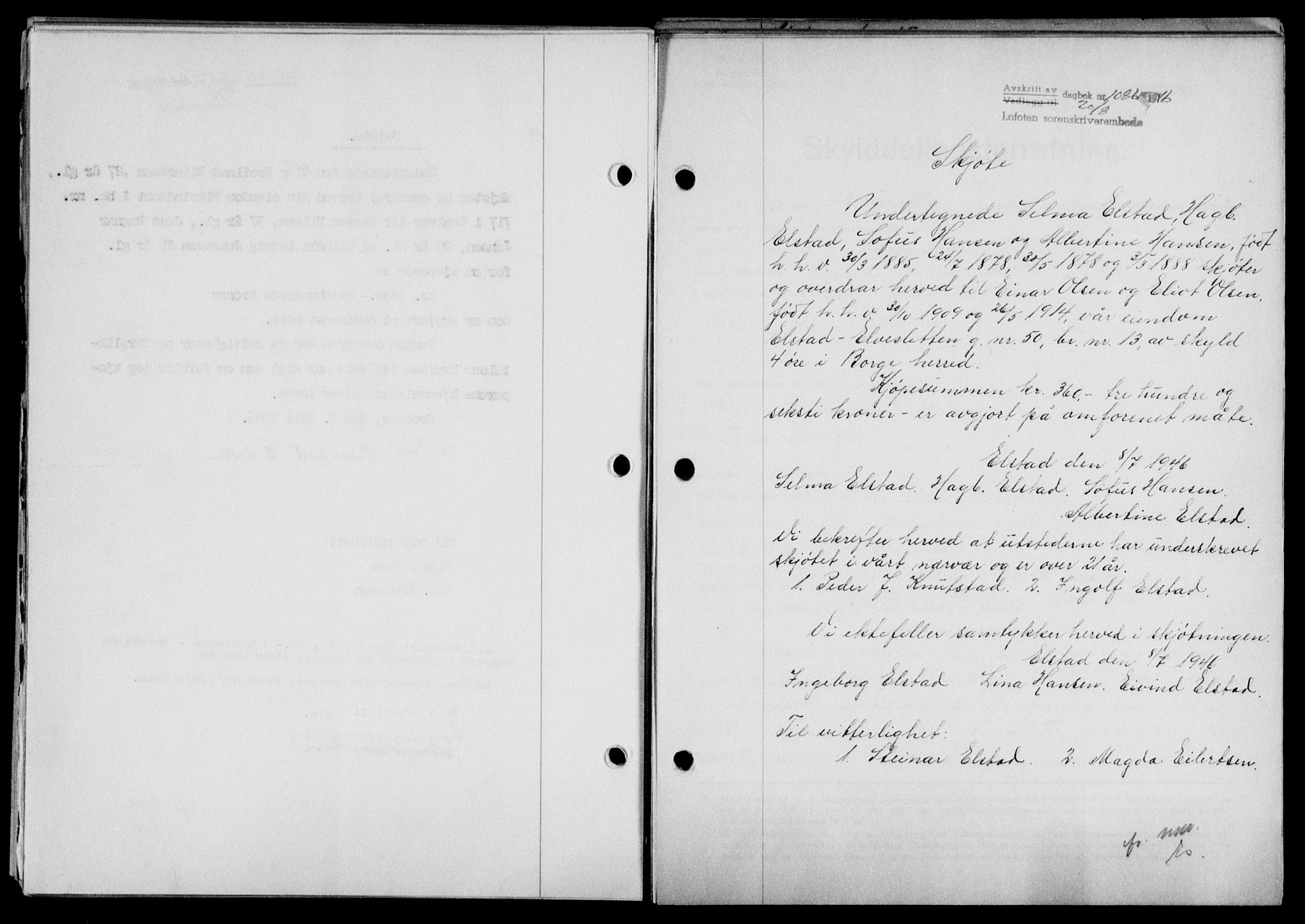 Lofoten sorenskriveri, SAT/A-0017/1/2/2C/L0014a: Mortgage book no. 14a, 1946-1946, Diary no: : 1086/1946