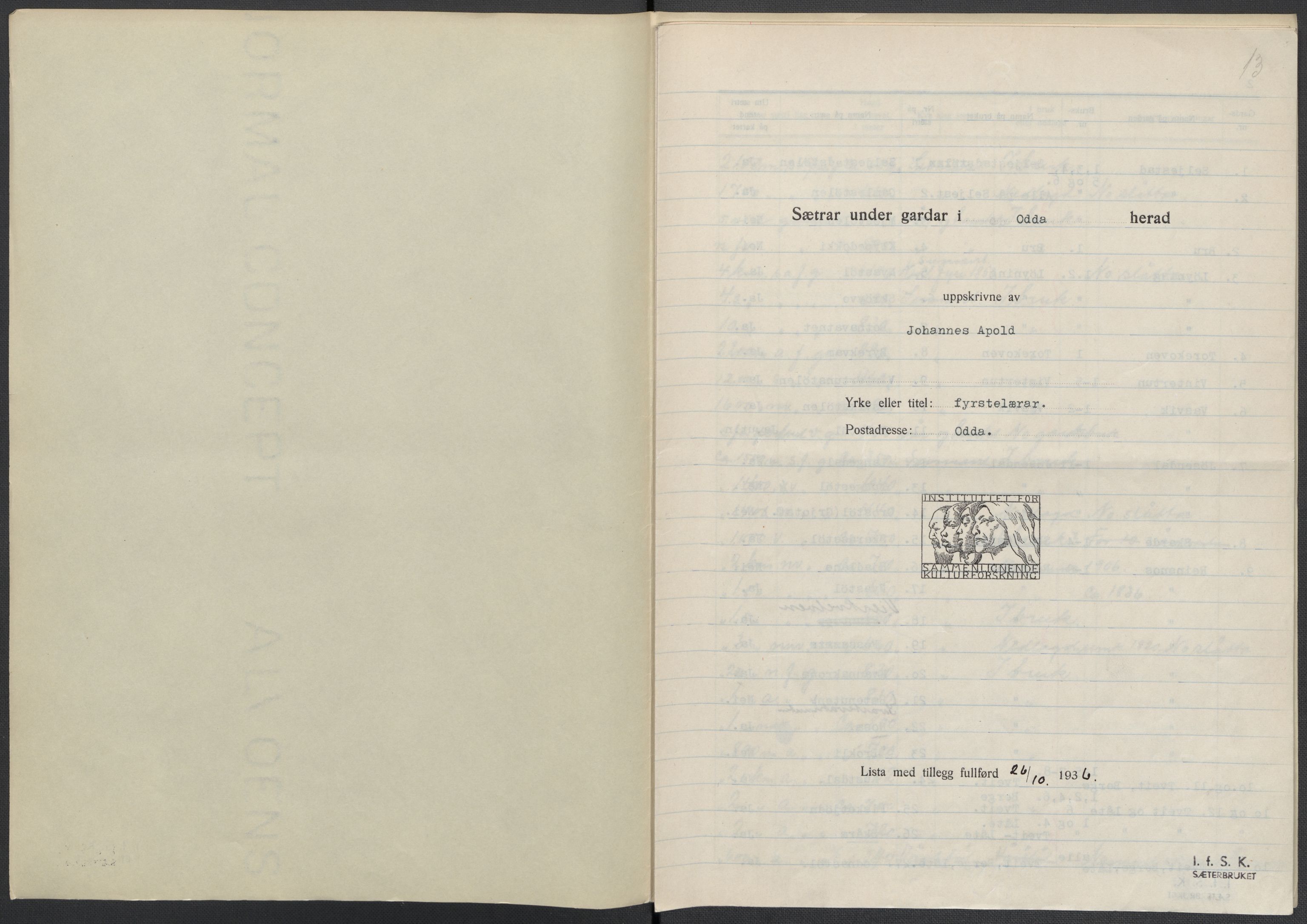 Instituttet for sammenlignende kulturforskning, AV/RA-PA-0424/F/Fc/L0010/0003: Eske B10: / Hordaland (perm XXVII), 1933-1936, p. 13