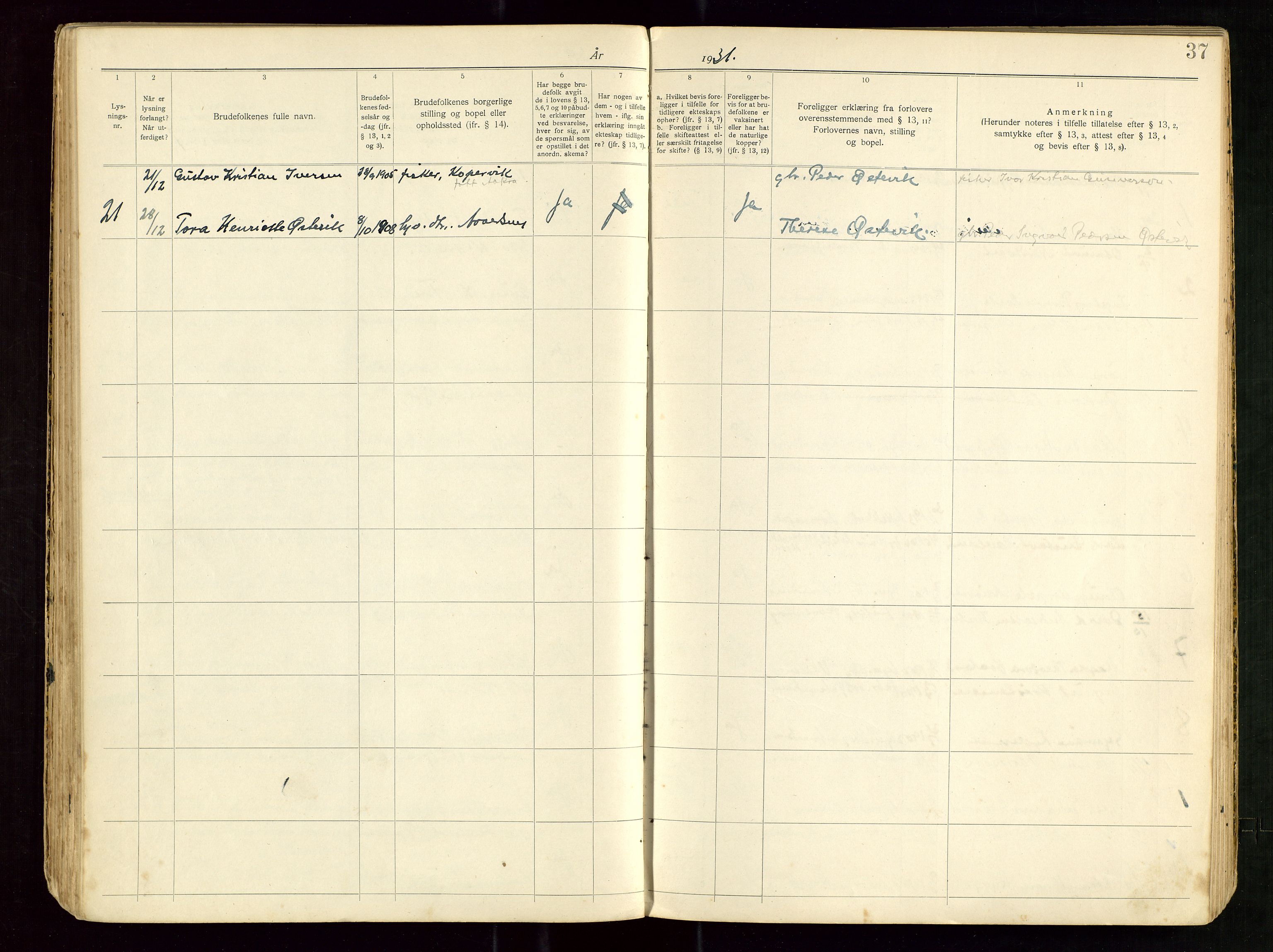 Banns register no. 5, 1919-1952, p. 37