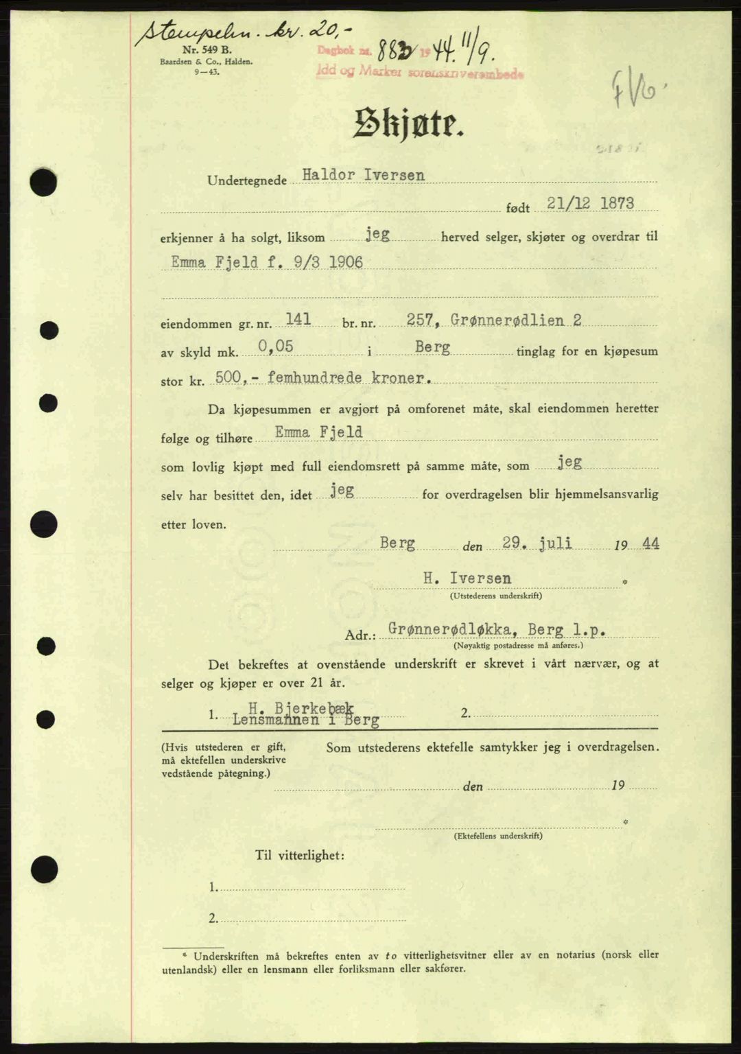 Idd og Marker sorenskriveri, AV/SAO-A-10283/G/Gb/Gbb/L0007: Mortgage book no. A7, 1944-1945, Diary no: : 883/1944