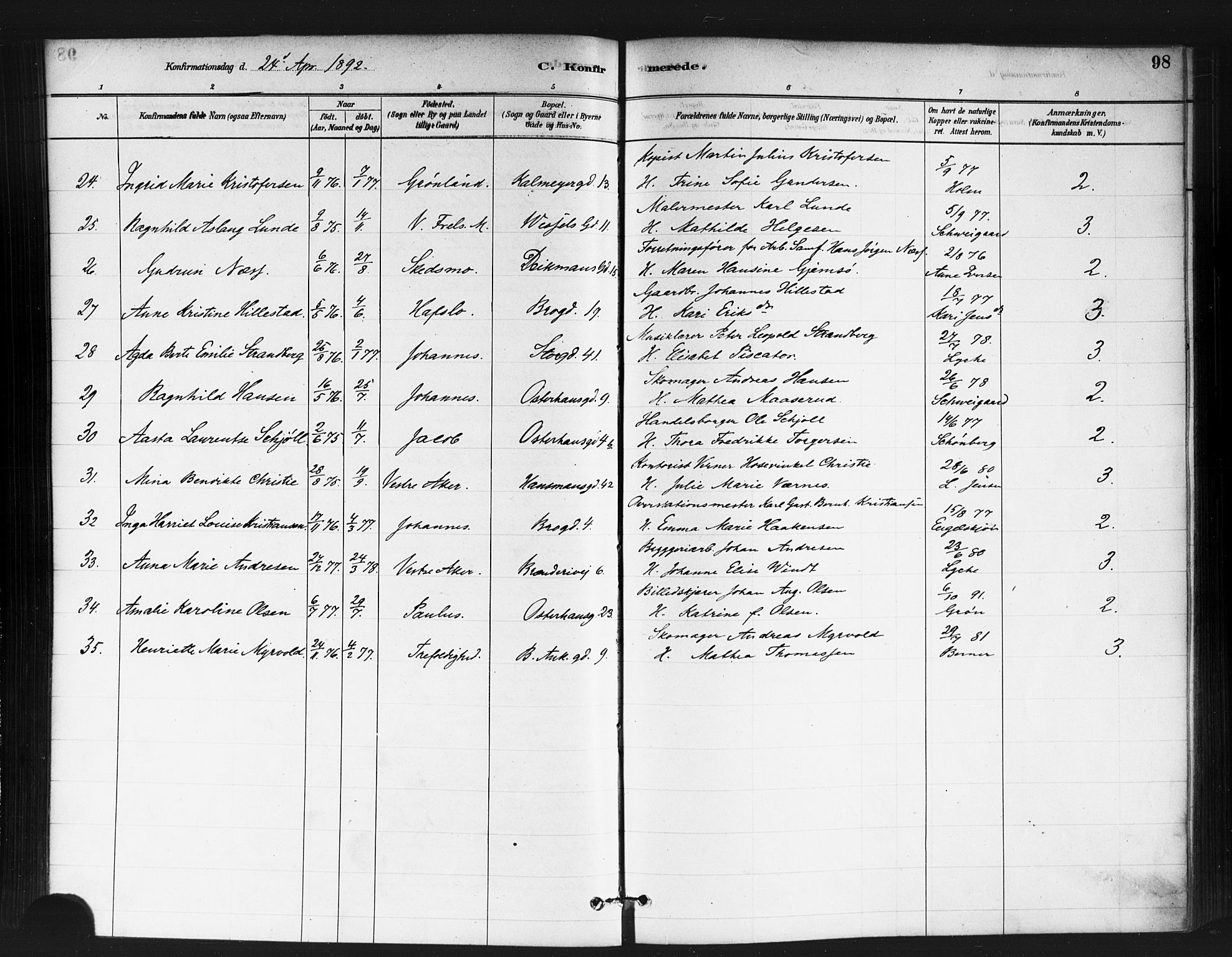 Jakob prestekontor Kirkebøker, AV/SAO-A-10850/F/Fa/L0004: Parish register (official) no. 4, 1880-1894, p. 98