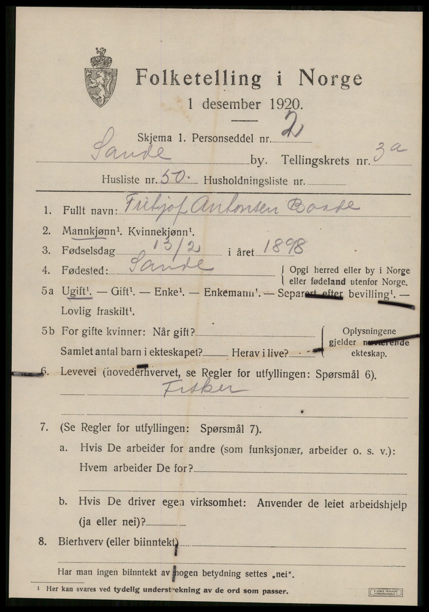 SAT, 1920 census for Sande (MR), 1920, p. 2694