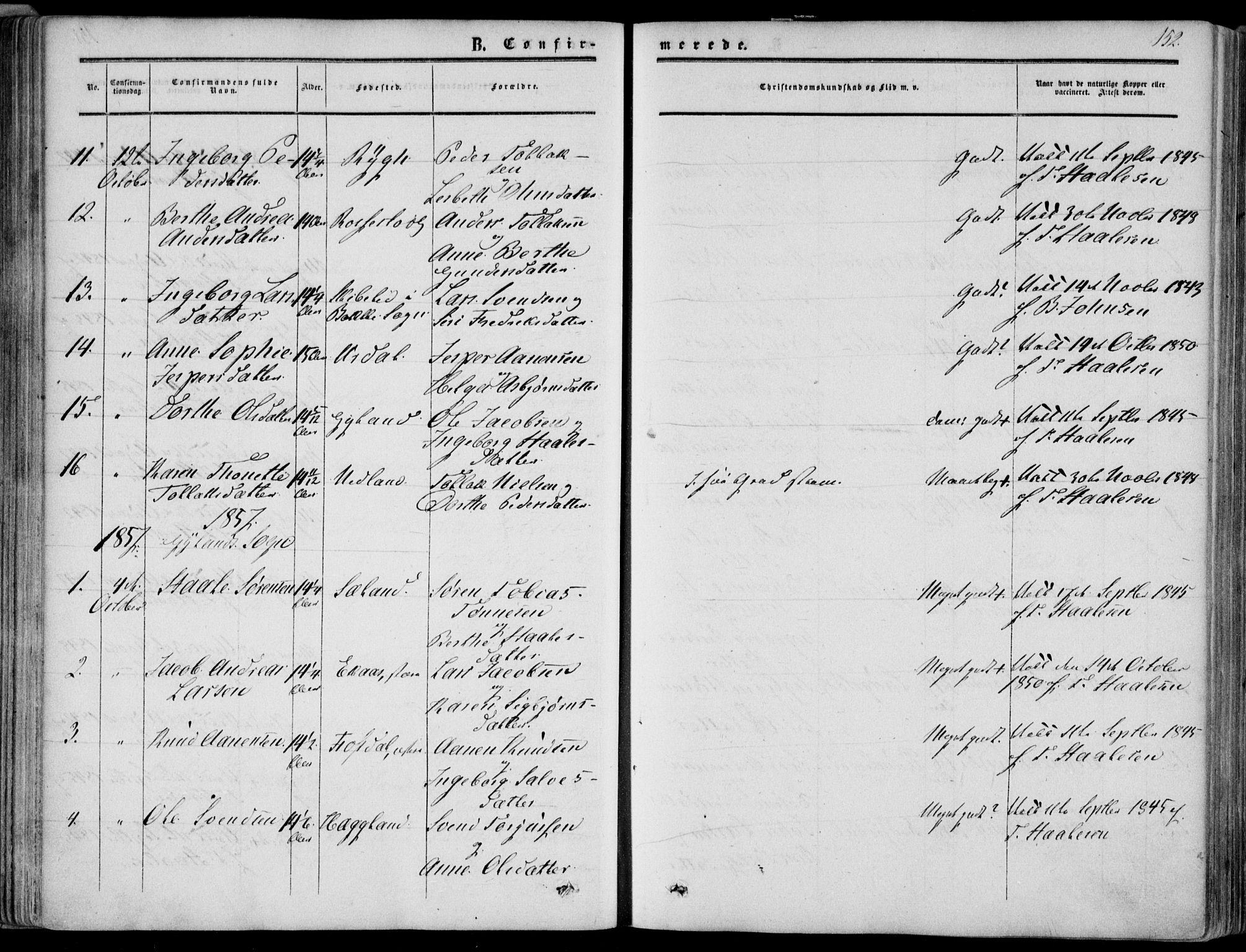 Bakke sokneprestkontor, SAK/1111-0002/F/Fa/Fab/L0002: Parish register (official) no. A 2, 1855-1884, p. 152