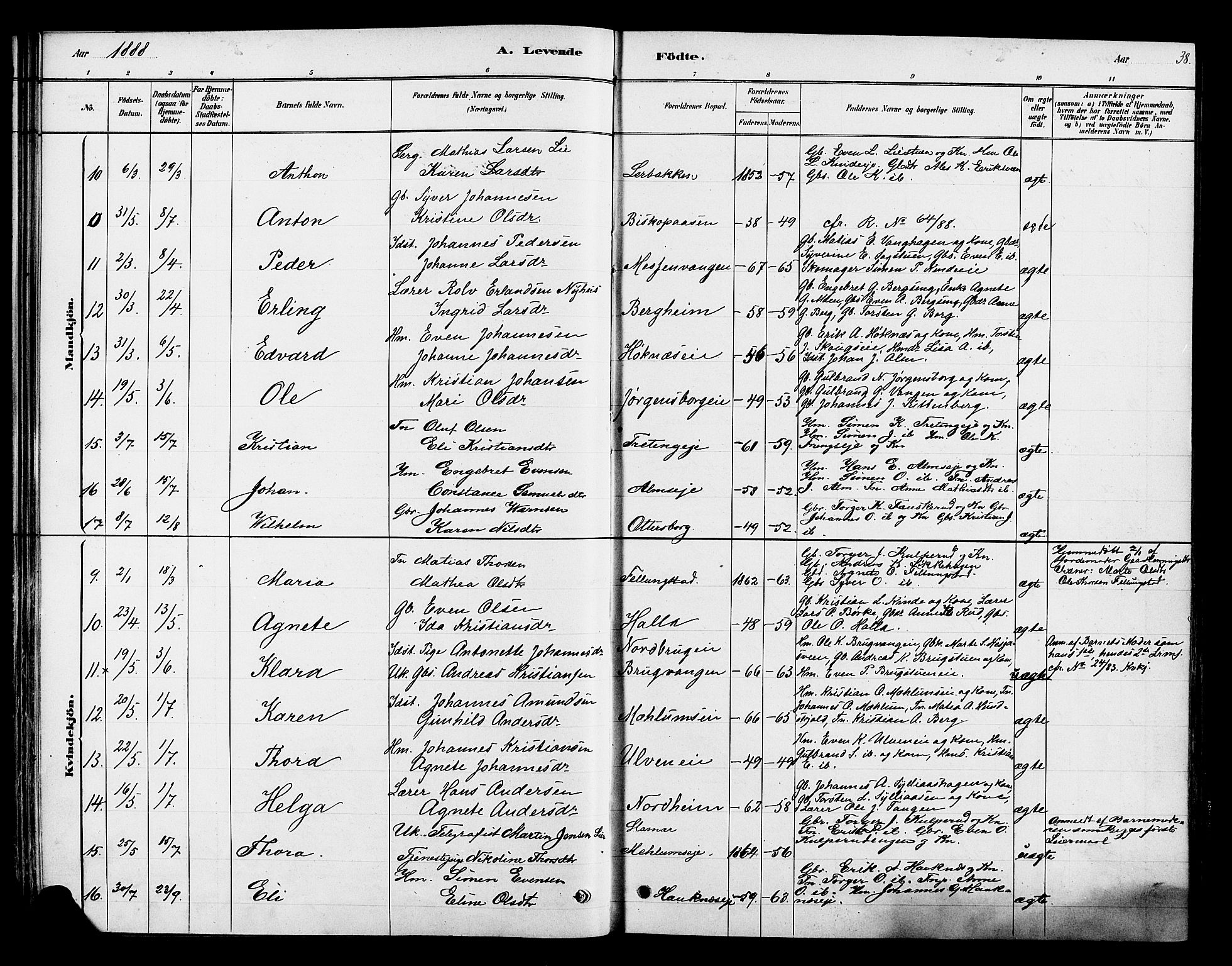 Ringsaker prestekontor, SAH/PREST-014/K/Ka/L0013: Parish register (official) no. 13, 1879-1890, p. 38