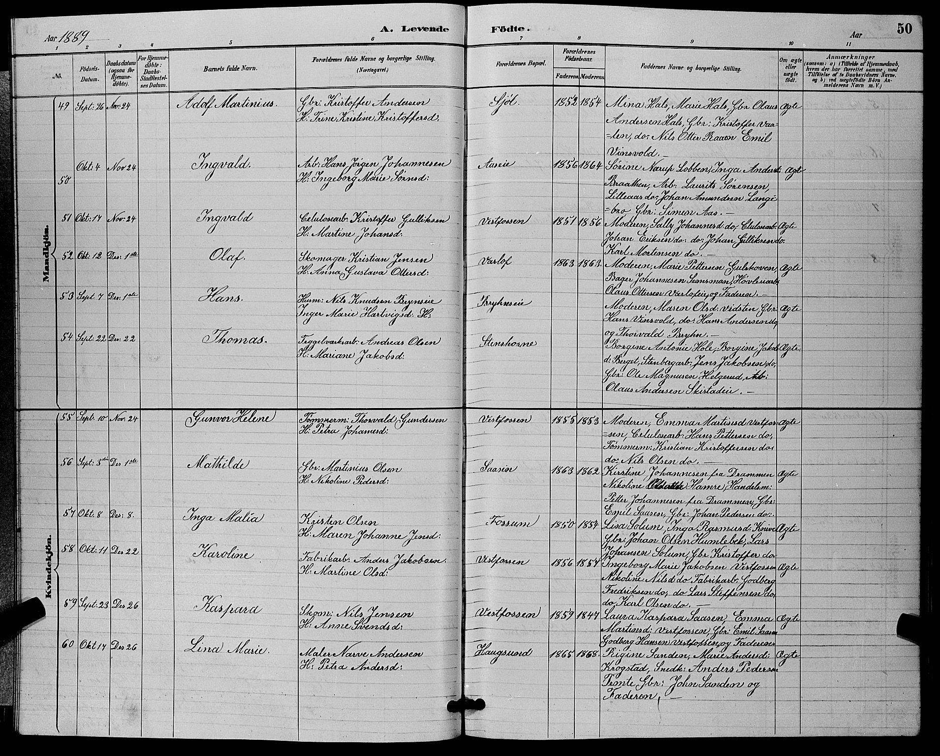 Eiker kirkebøker, AV/SAKO-A-4/G/Ga/L0006: Parish register (copy) no. I 6, 1885-1893, p. 50