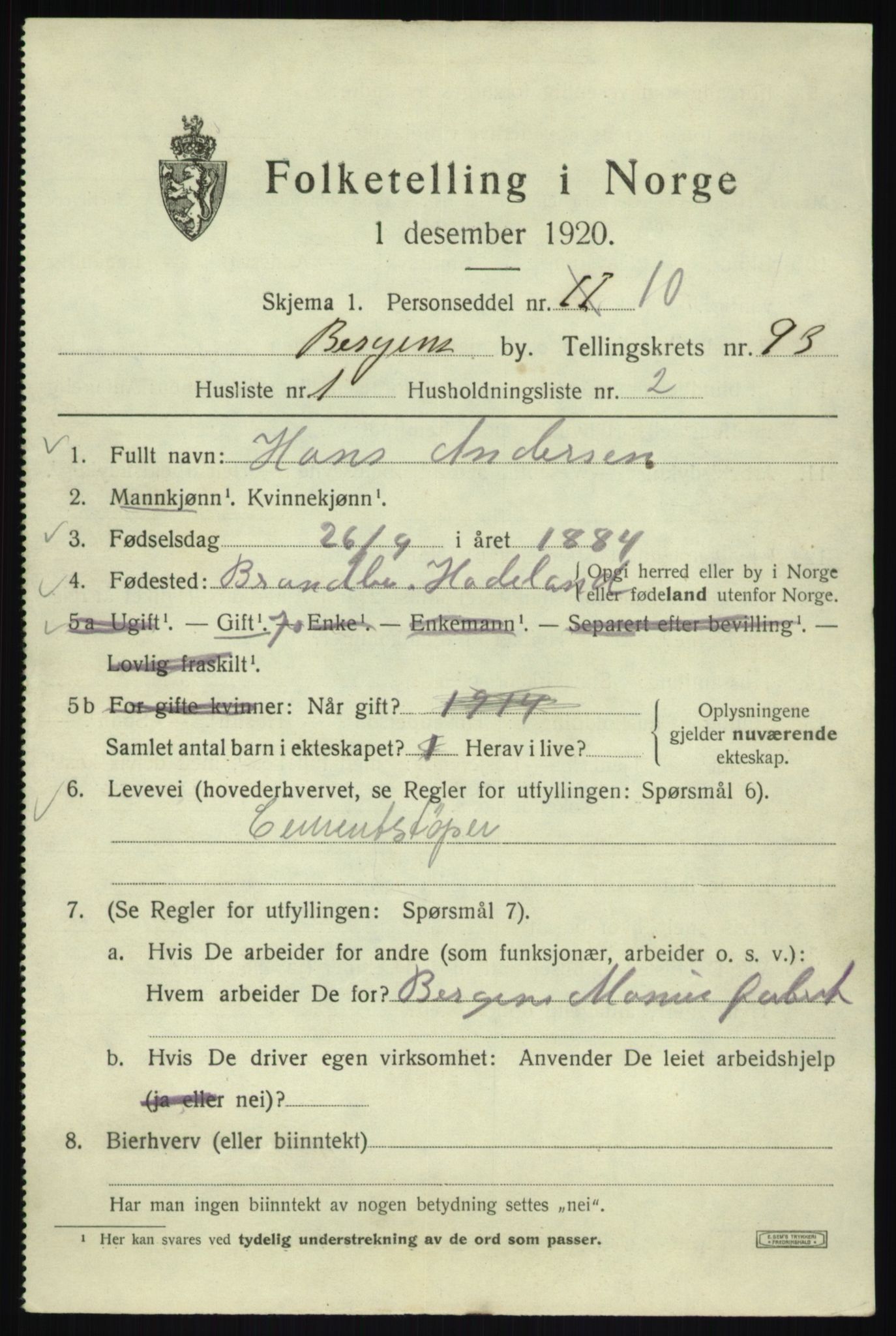 SAB, 1920 census for Bergen, 1920, p. 166415