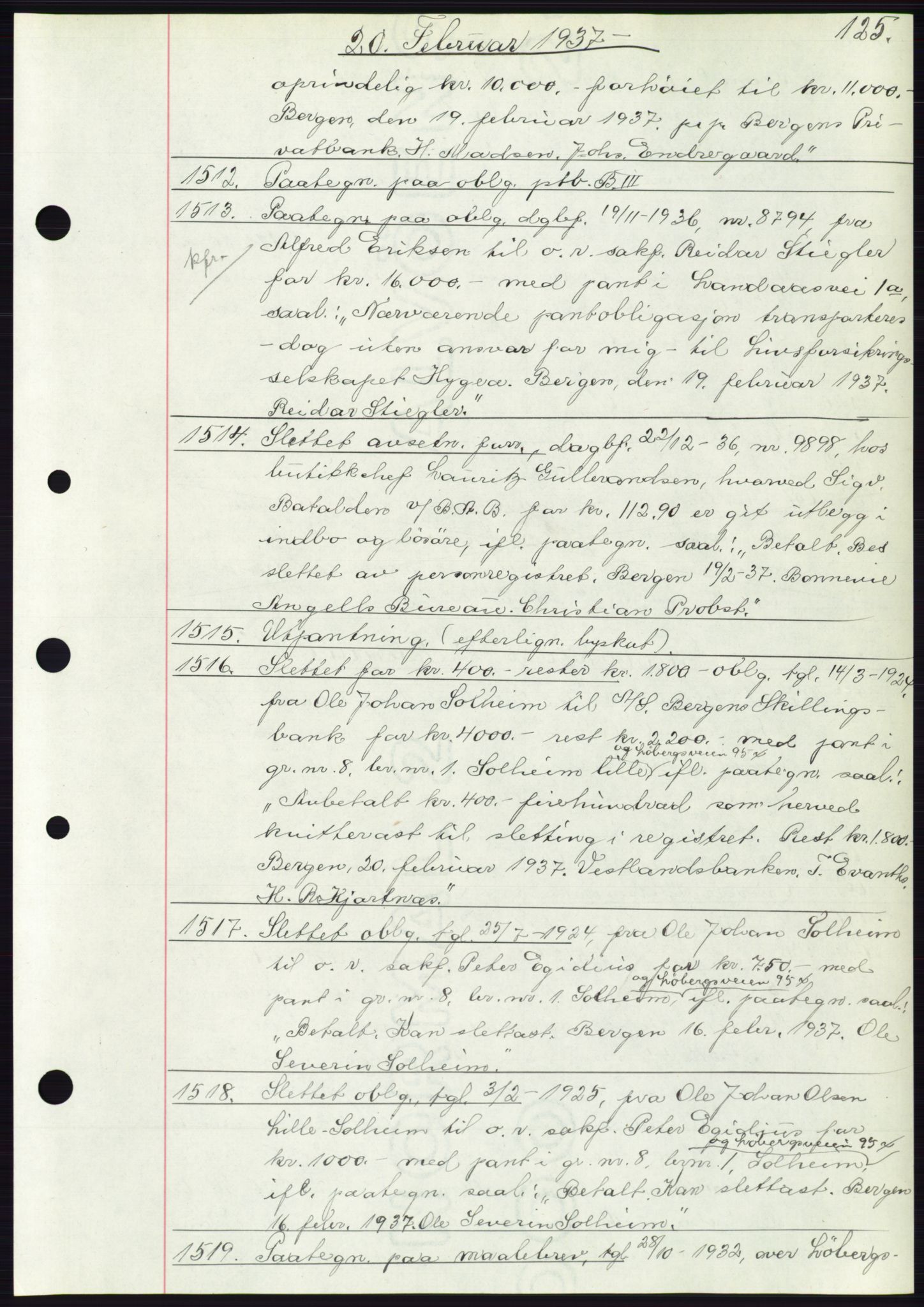 Byfogd og Byskriver i Bergen, AV/SAB-A-3401/03: Mortgage book no. C 3, 1936-1937, Diary no: : 1512/1937