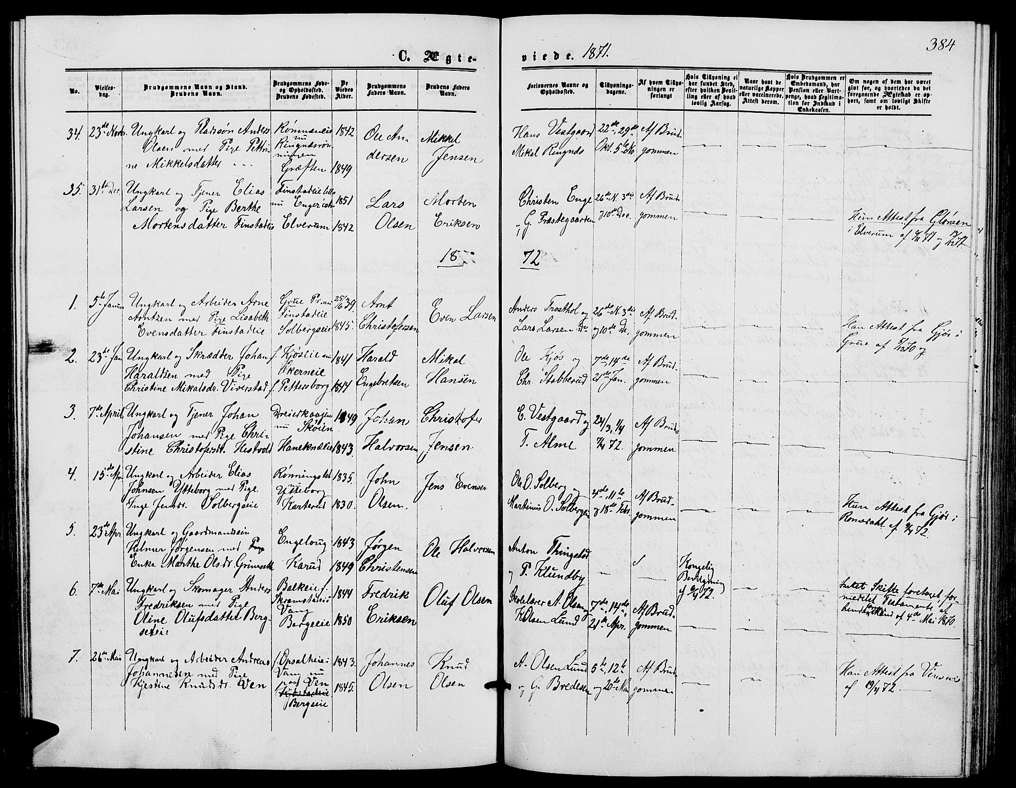 Løten prestekontor, SAH/PREST-022/L/La/L0004: Parish register (copy) no. 4, 1863-1877, p. 384