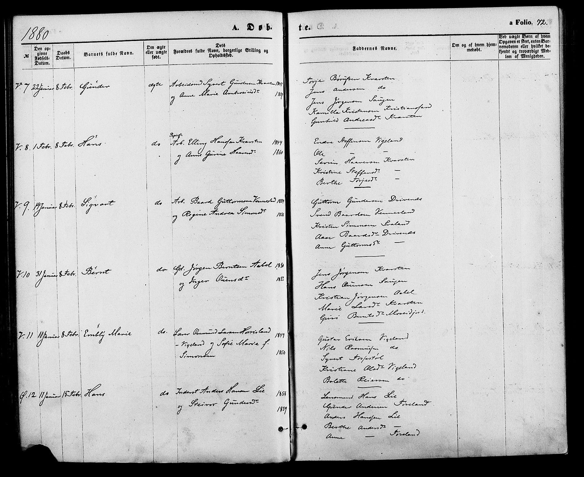 Vennesla sokneprestkontor, AV/SAK-1111-0045/Fa/Fac/L0008: Parish register (official) no. A 8, 1874-1883, p. 72