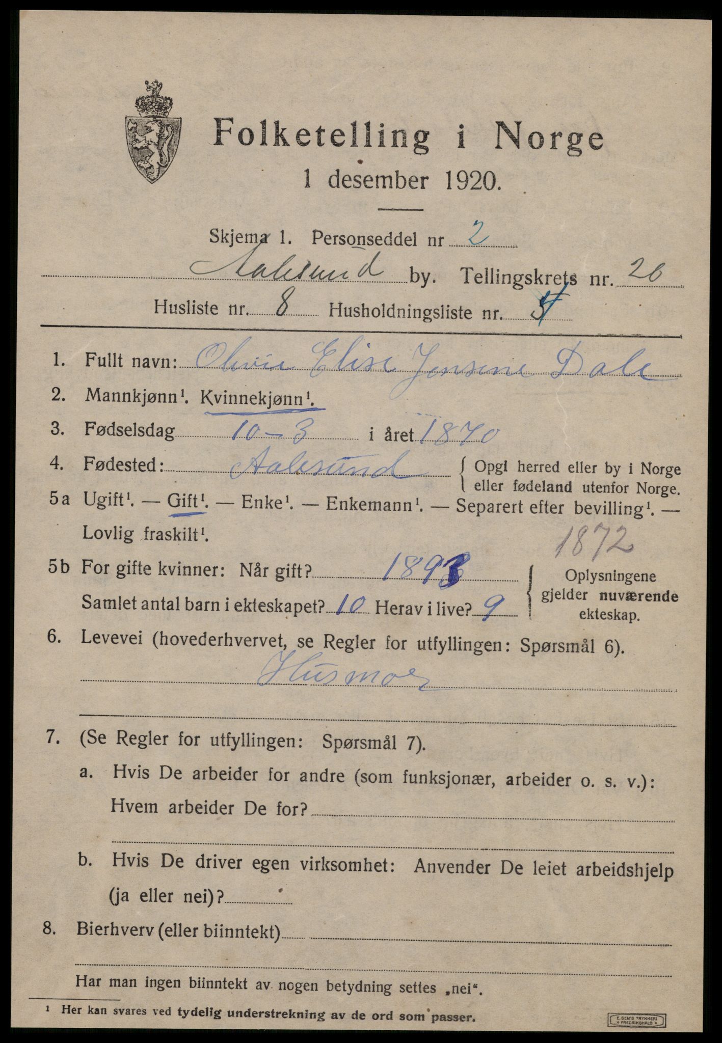 SAT, 1920 census for Ålesund, 1920, p. 37252