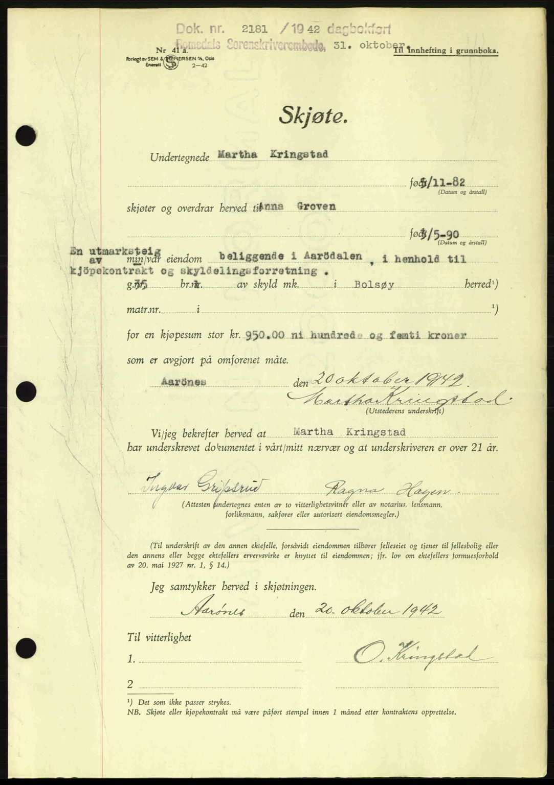 Romsdal sorenskriveri, AV/SAT-A-4149/1/2/2C: Mortgage book no. A13, 1942-1943, Diary no: : 2181/1942