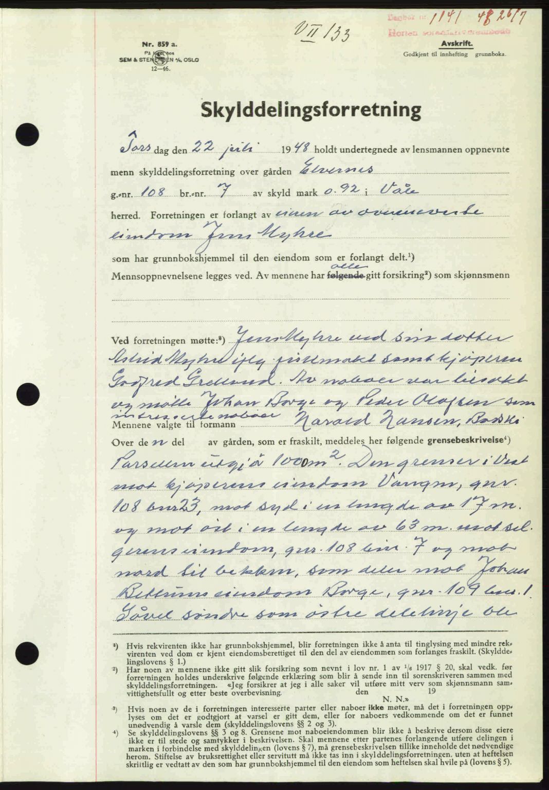 Horten sorenskriveri, AV/SAKO-A-133/G/Ga/Gaa/L0010: Mortgage book no. A-10, 1947-1948, Diary no: : 1141/1948