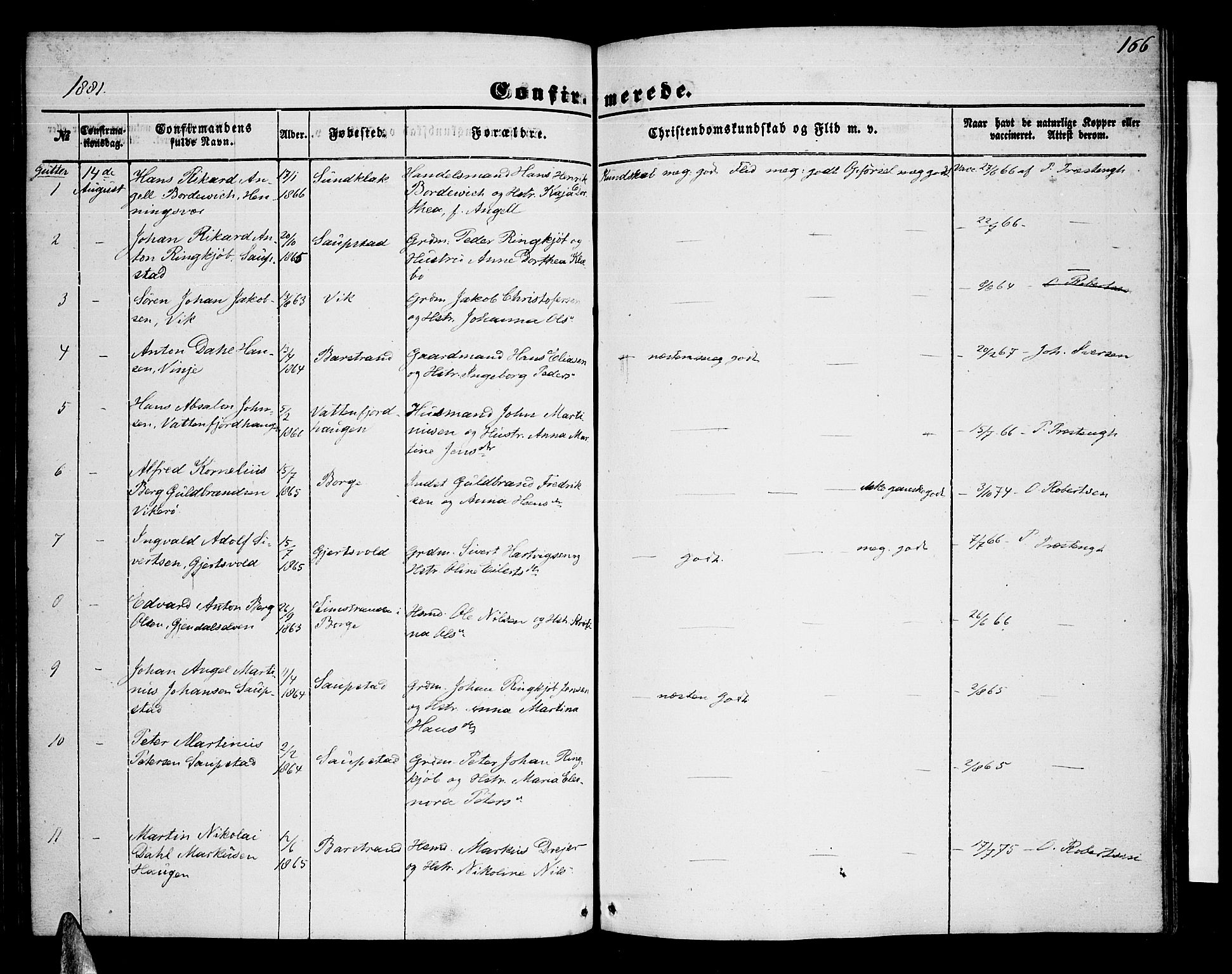 Ministerialprotokoller, klokkerbøker og fødselsregistre - Nordland, AV/SAT-A-1459/876/L1102: Parish register (copy) no. 876C01, 1852-1886, p. 166