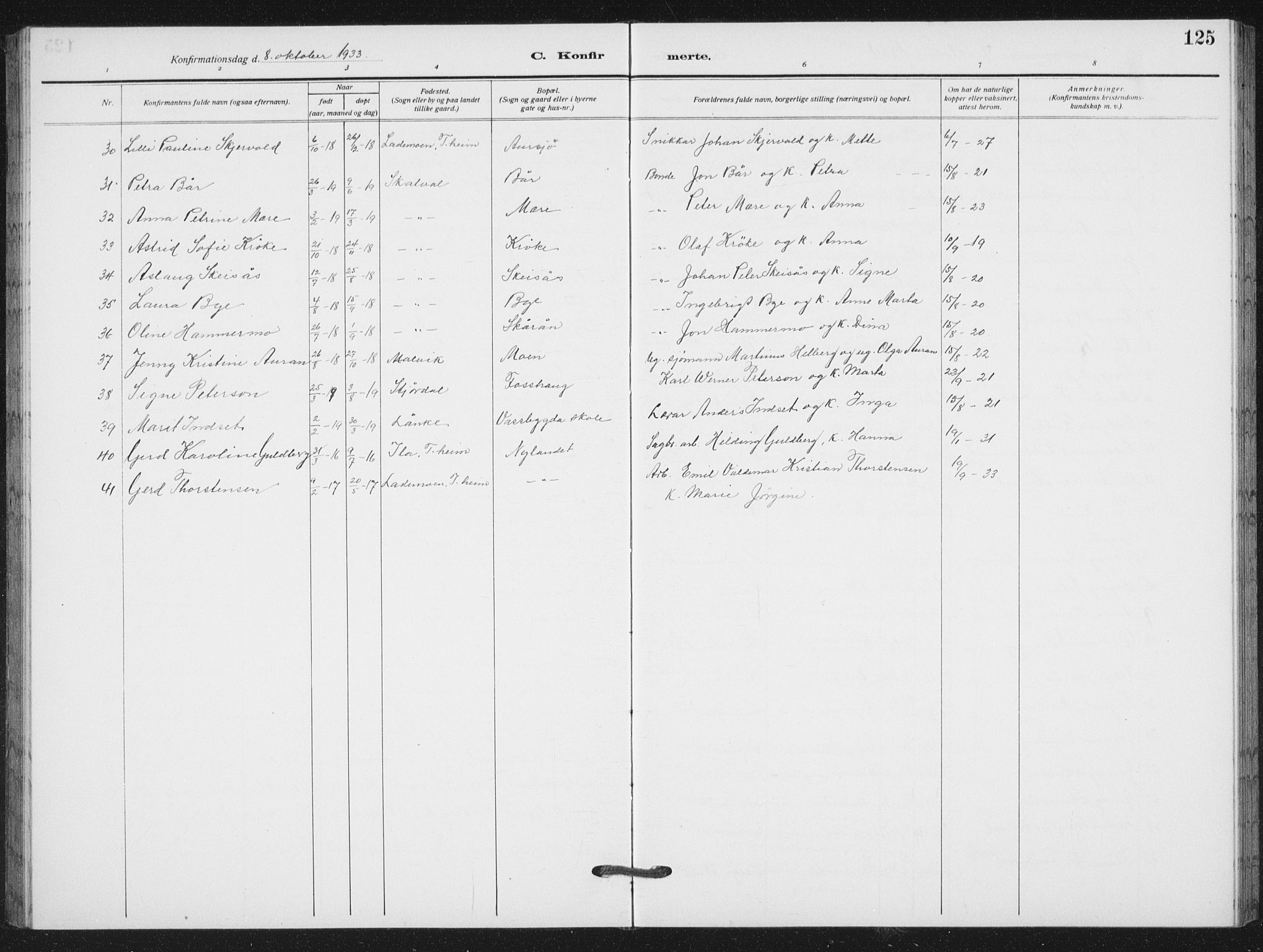 Ministerialprotokoller, klokkerbøker og fødselsregistre - Nord-Trøndelag, AV/SAT-A-1458/712/L0104: Parish register (copy) no. 712C02, 1917-1939, p. 125