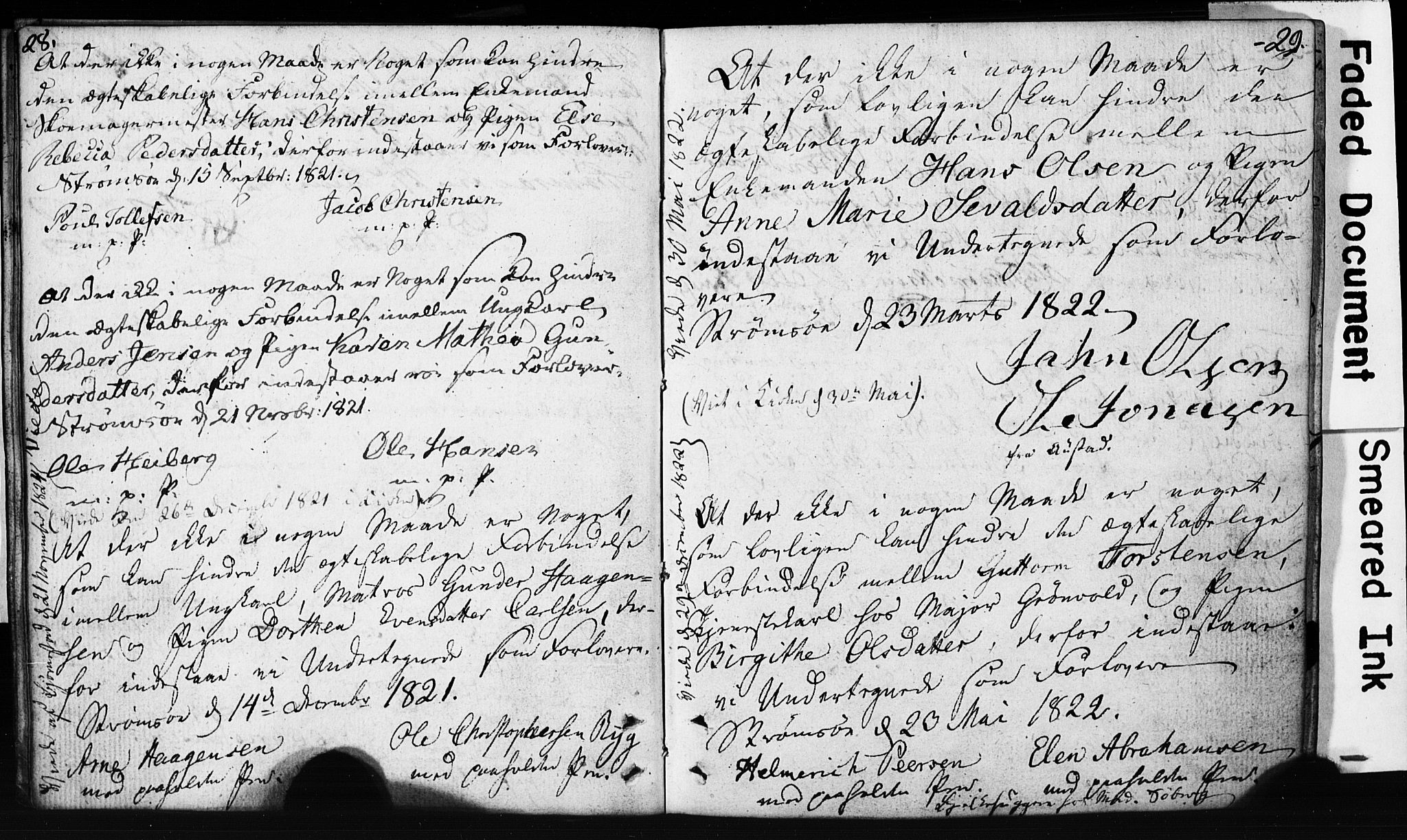 Strømsø kirkebøker, AV/SAKO-A-246/H/Hb/L0002: Best man's statements no. 2, 1815-1857, p. 28-29