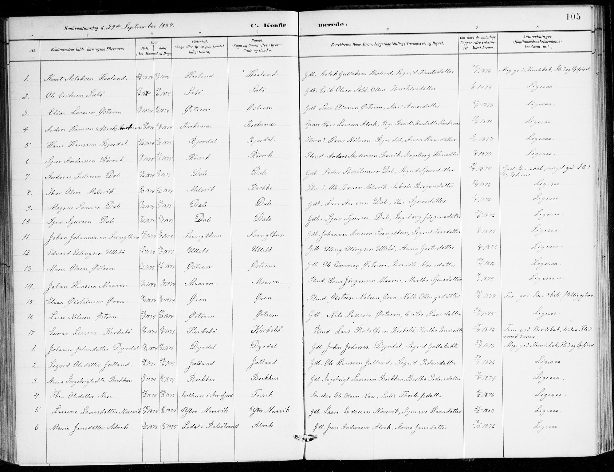 Lavik sokneprestembete, AV/SAB-A-80901: Parish register (official) no. C 1, 1882-1904, p. 105