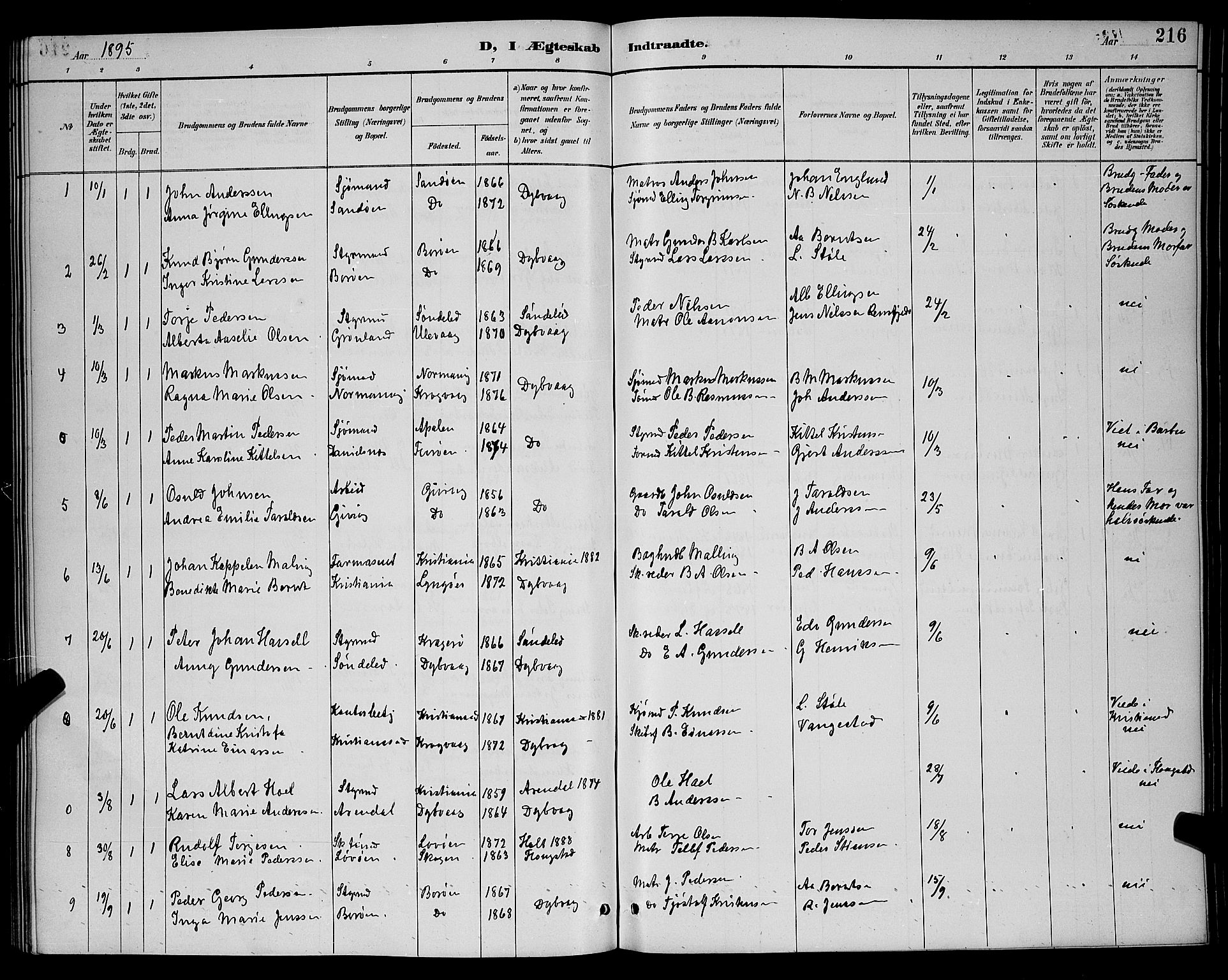 Dypvåg sokneprestkontor, SAK/1111-0007/F/Fb/Fba/L0013: Parish register (copy) no. B 13, 1887-1900, p. 216