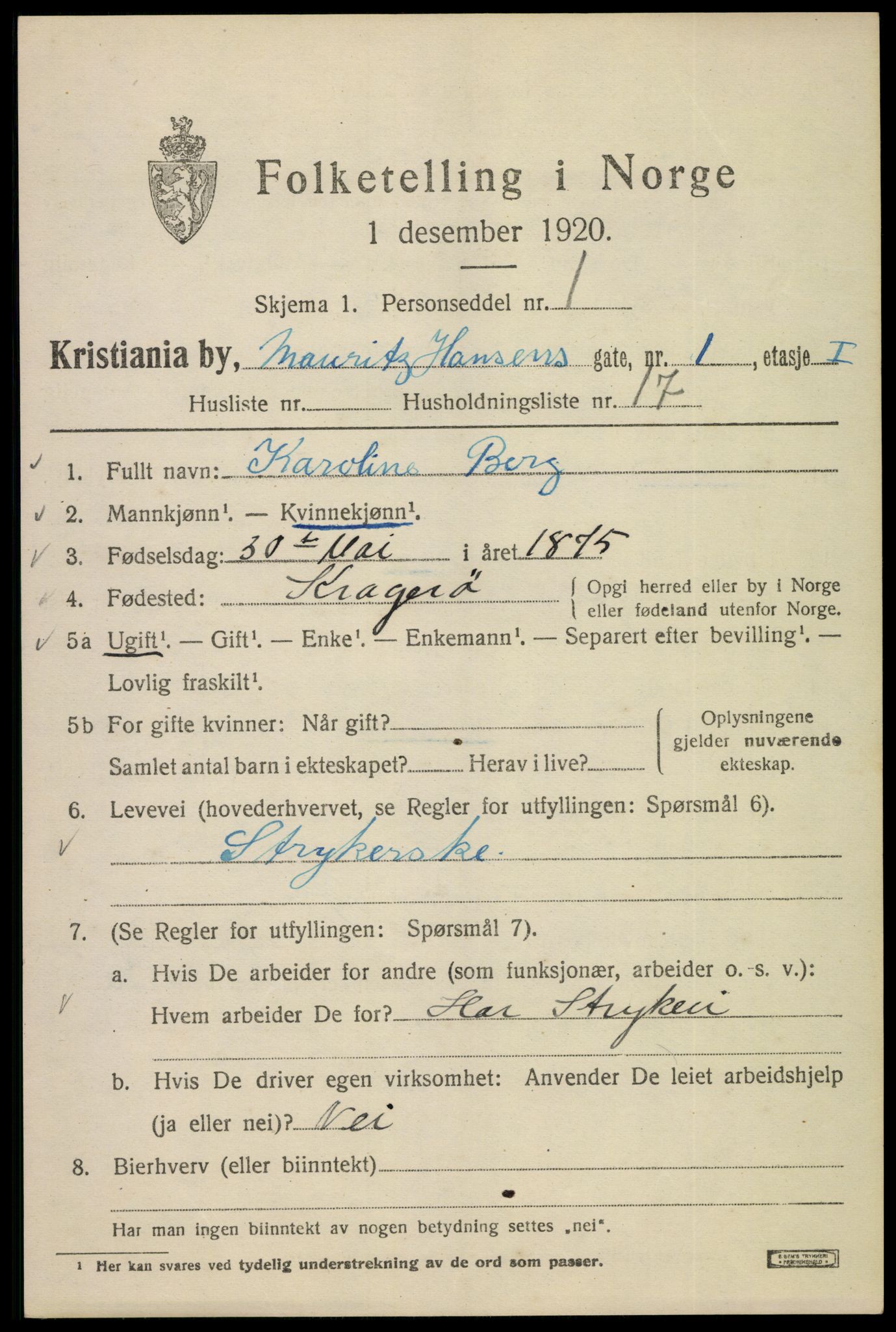 SAO, 1920 census for Kristiania, 1920, p. 392957