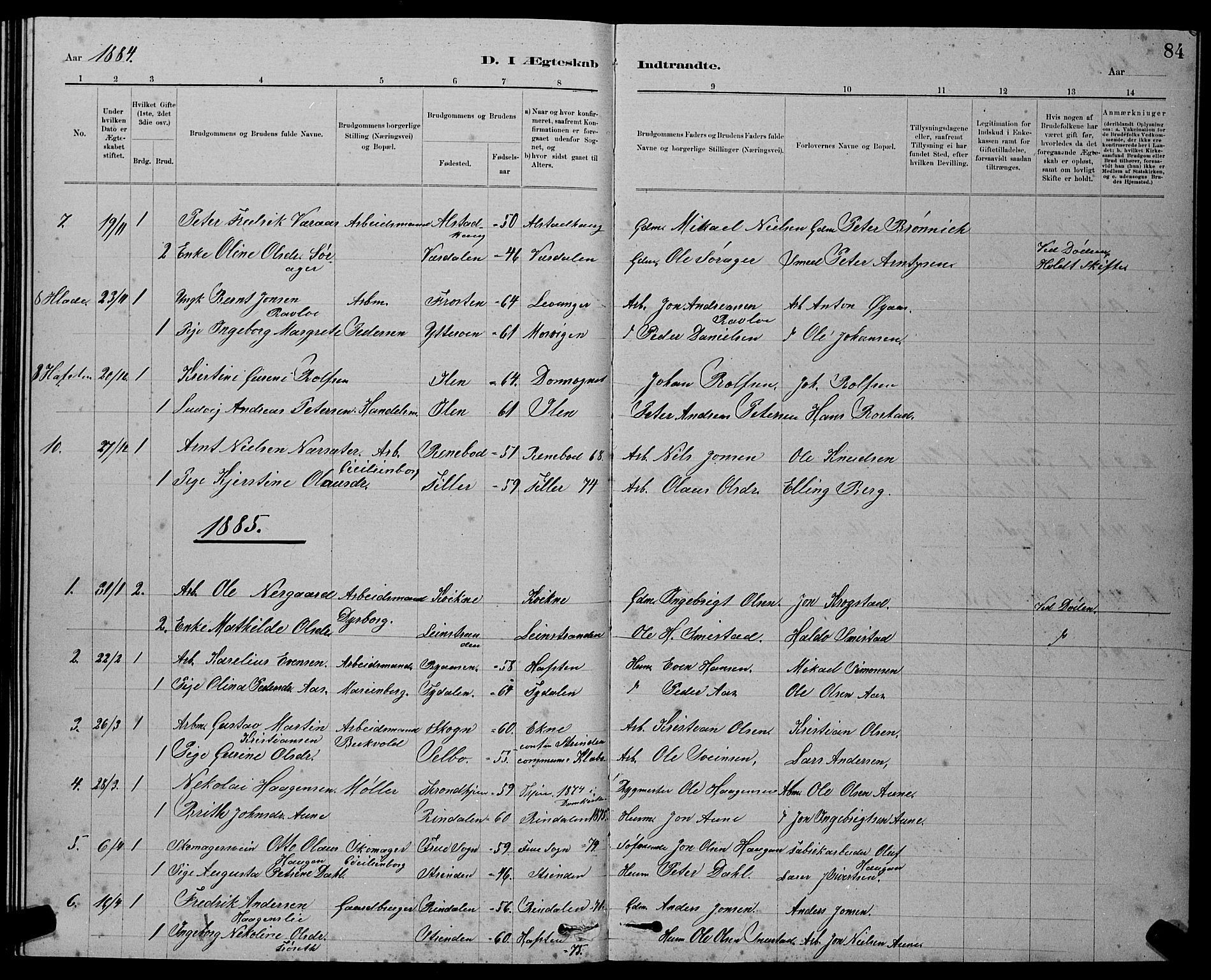 Ministerialprotokoller, klokkerbøker og fødselsregistre - Sør-Trøndelag, SAT/A-1456/611/L0354: Parish register (copy) no. 611C02, 1881-1896, p. 84