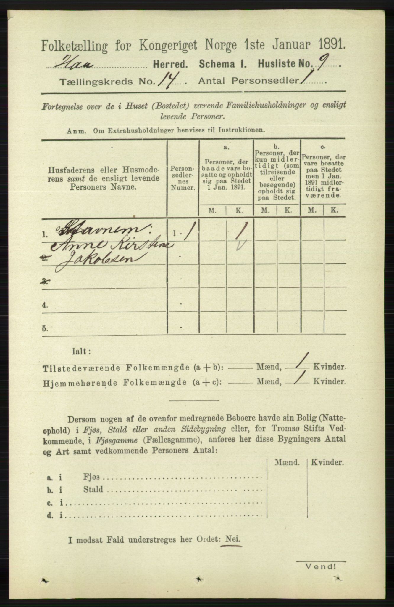 RA, 1891 census for 1119 Hå, 1891, p. 3329