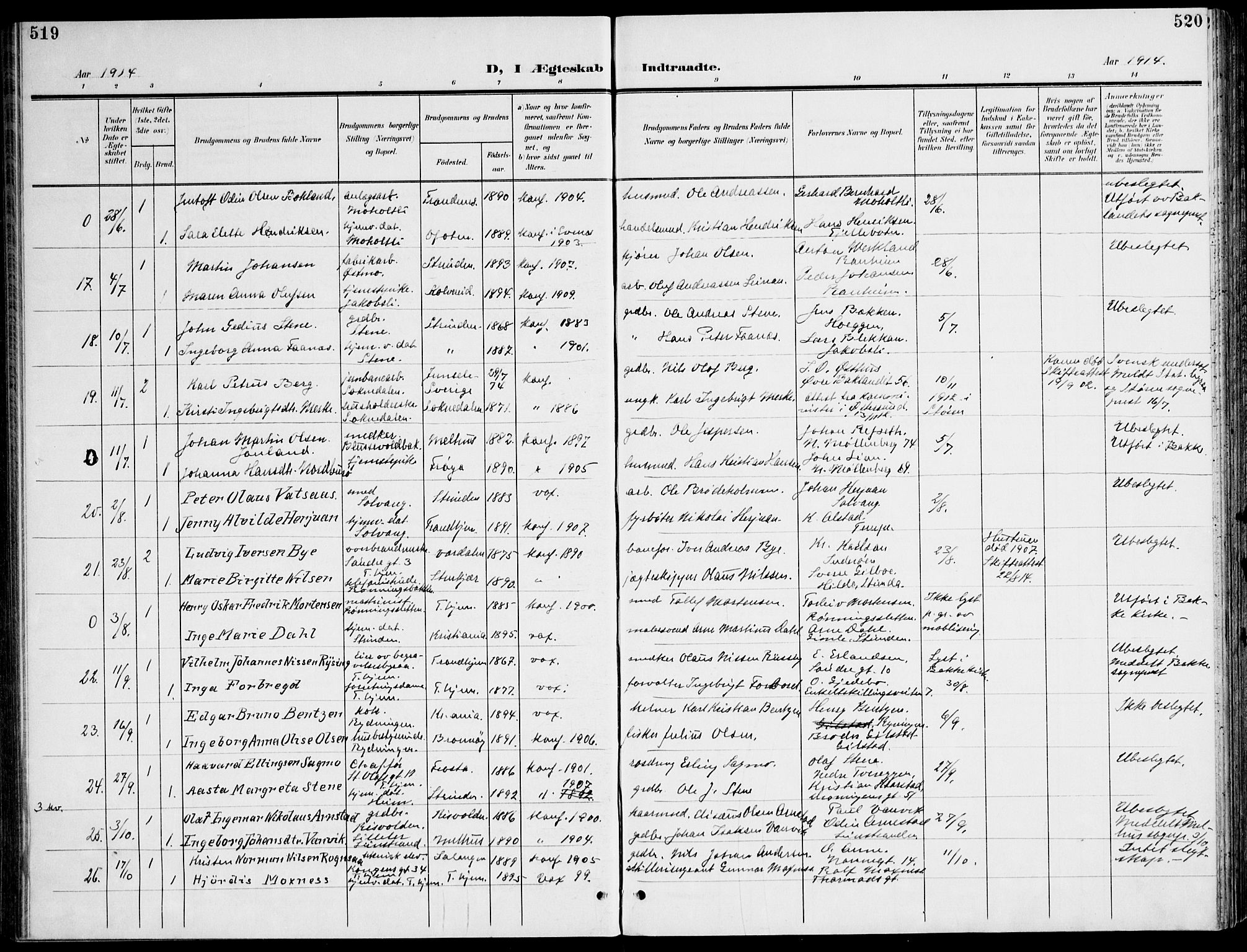 Ministerialprotokoller, klokkerbøker og fødselsregistre - Sør-Trøndelag, SAT/A-1456/607/L0320: Parish register (official) no. 607A04, 1907-1915, p. 519-520