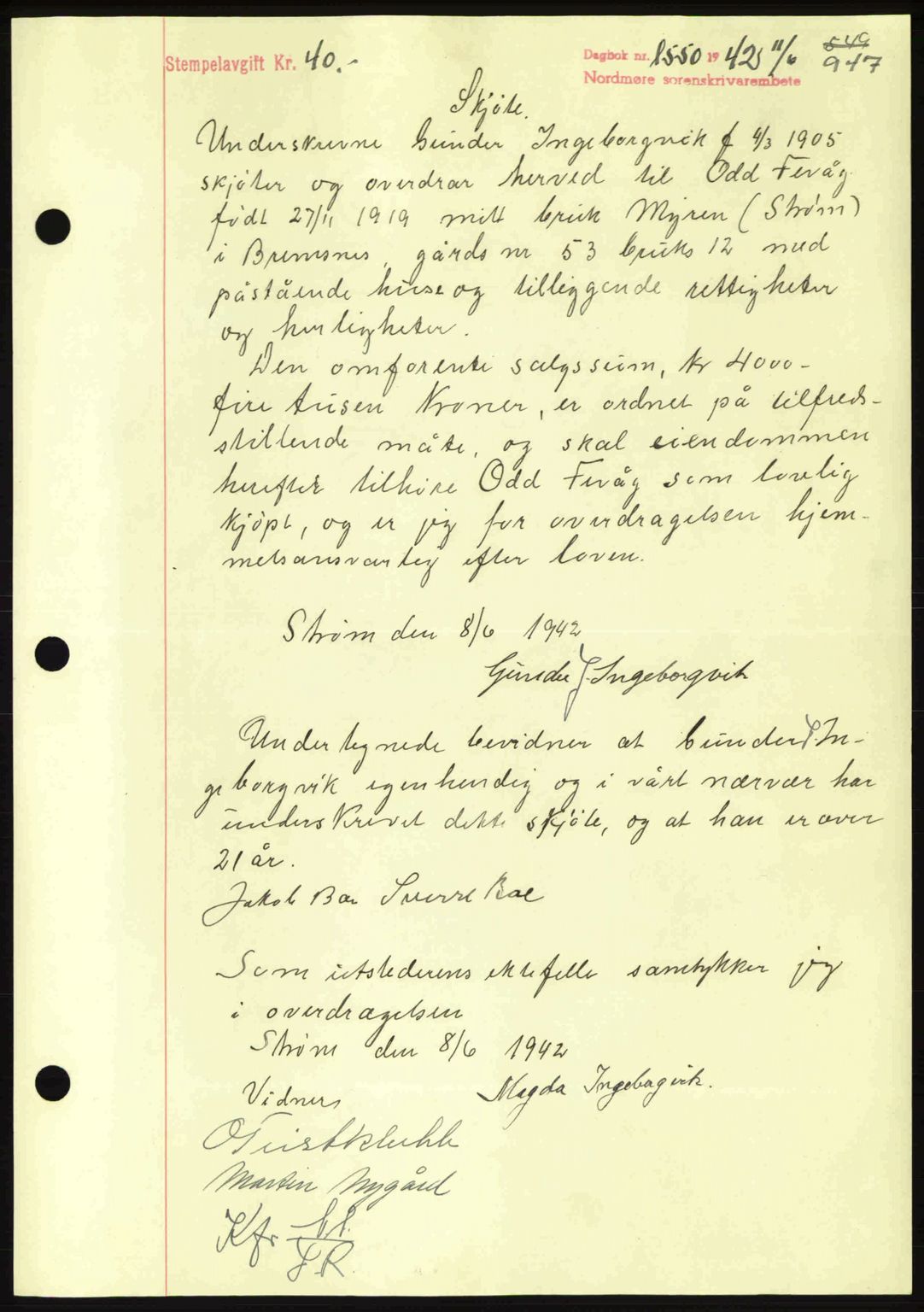 Nordmøre sorenskriveri, AV/SAT-A-4132/1/2/2Ca: Mortgage book no. A92, 1942-1942, Diary no: : 1550/1942