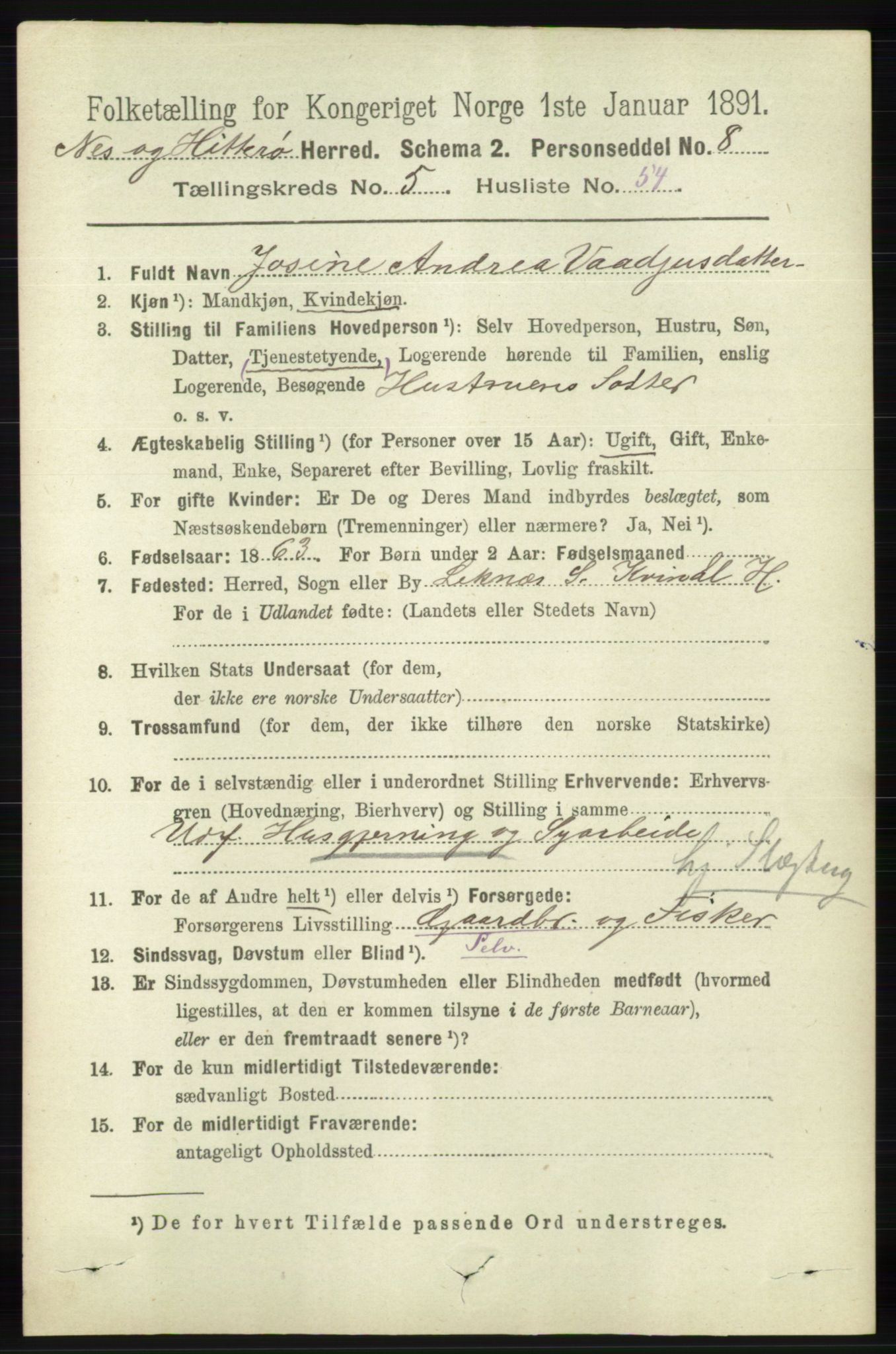 RA, 1891 census for 1043 Hidra og Nes, 1891, p. 2133