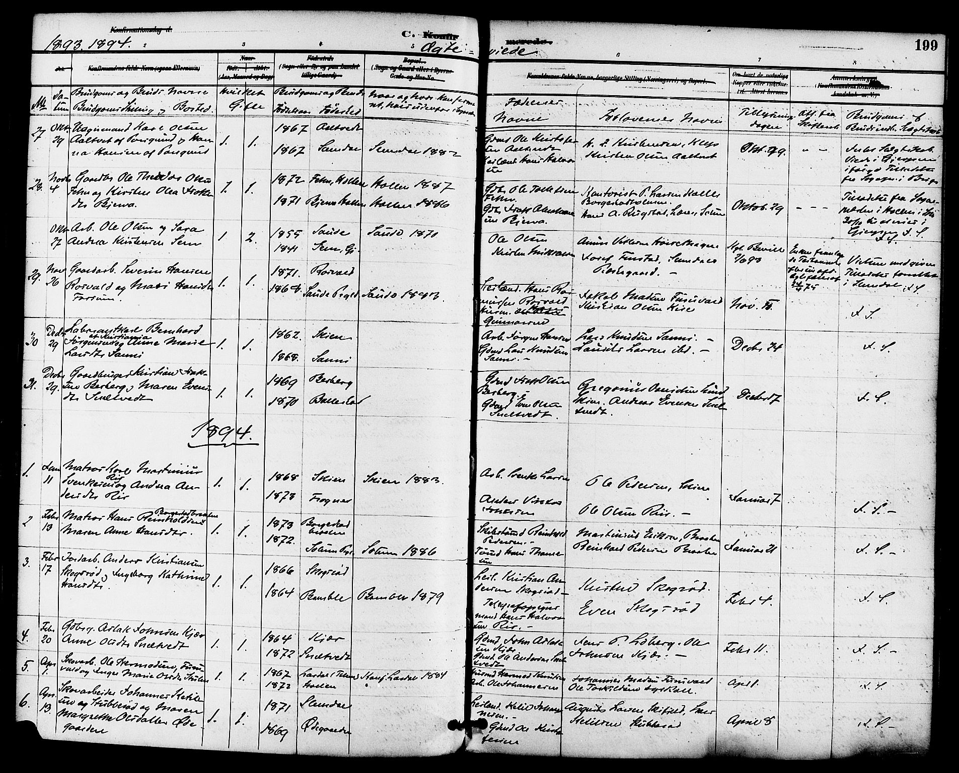 Gjerpen kirkebøker, SAKO/A-265/F/Fa/L0010: Parish register (official) no. I 10, 1886-1895, p. 199
