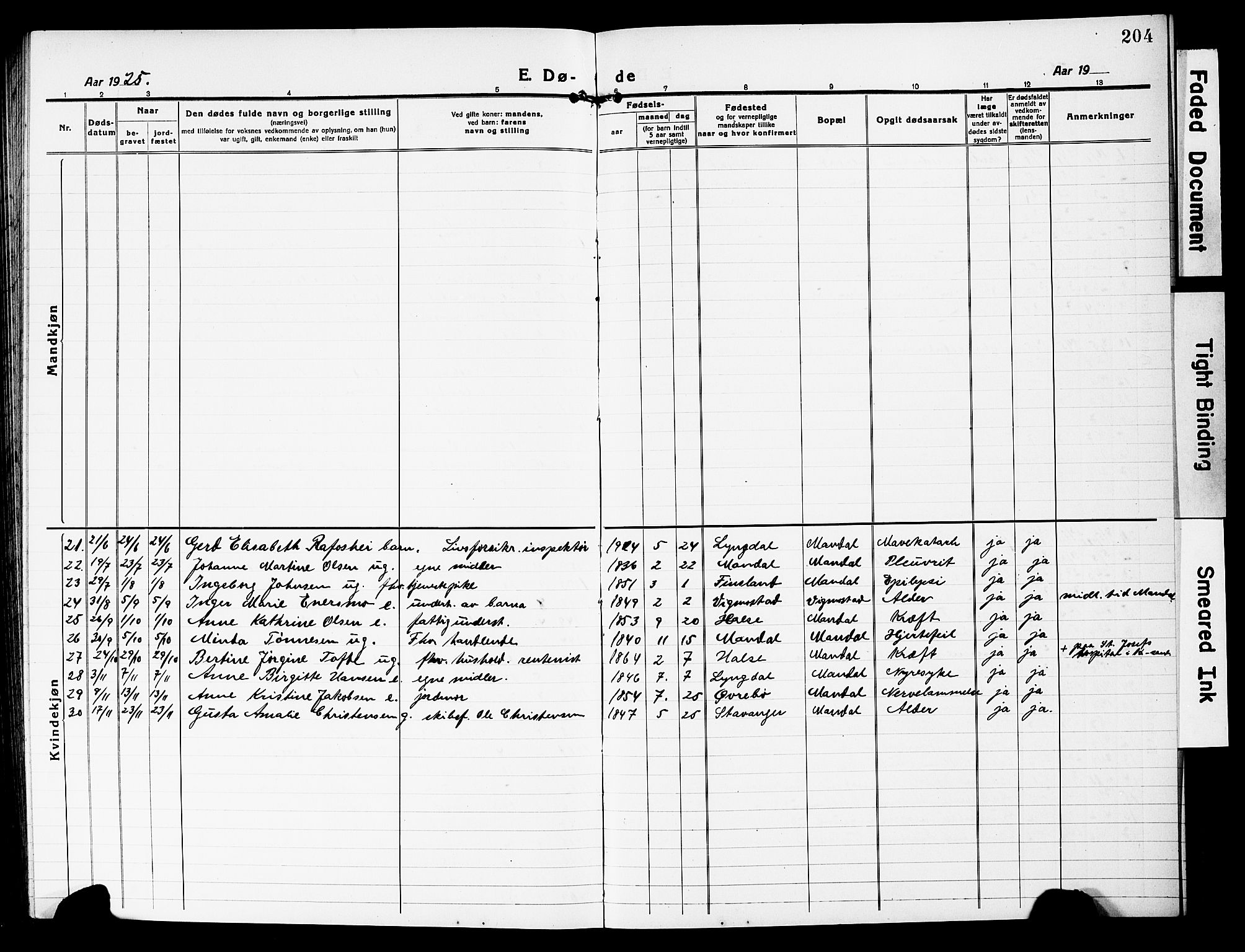 Mandal sokneprestkontor, SAK/1111-0030/F/Fb/Fbc/L0001: Parish register (copy) no. B 1, 1918-1931, p. 204