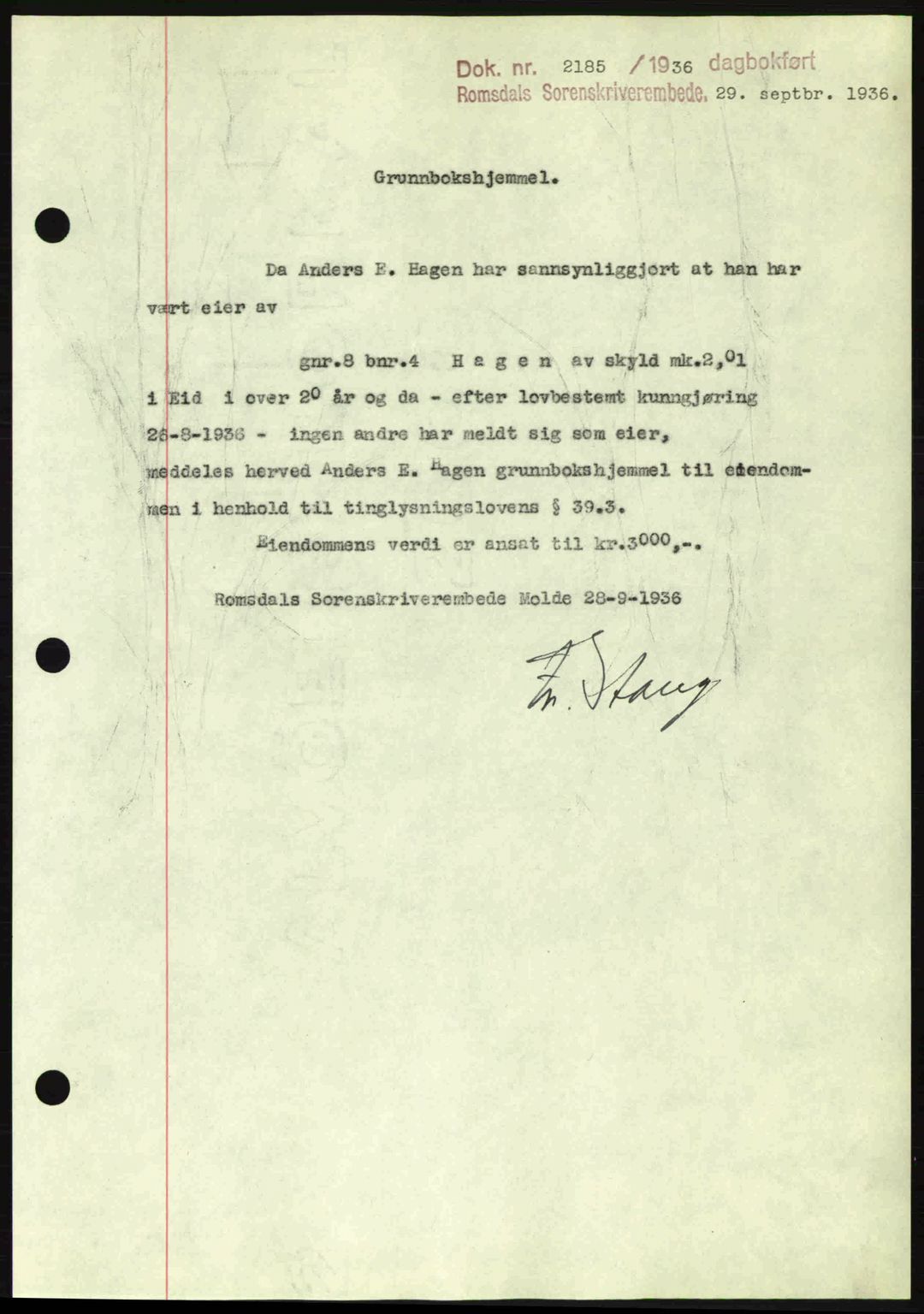 Romsdal sorenskriveri, SAT/A-4149/1/2/2C: Mortgage book no. A2, 1936-1937, Diary no: : 2185/1936