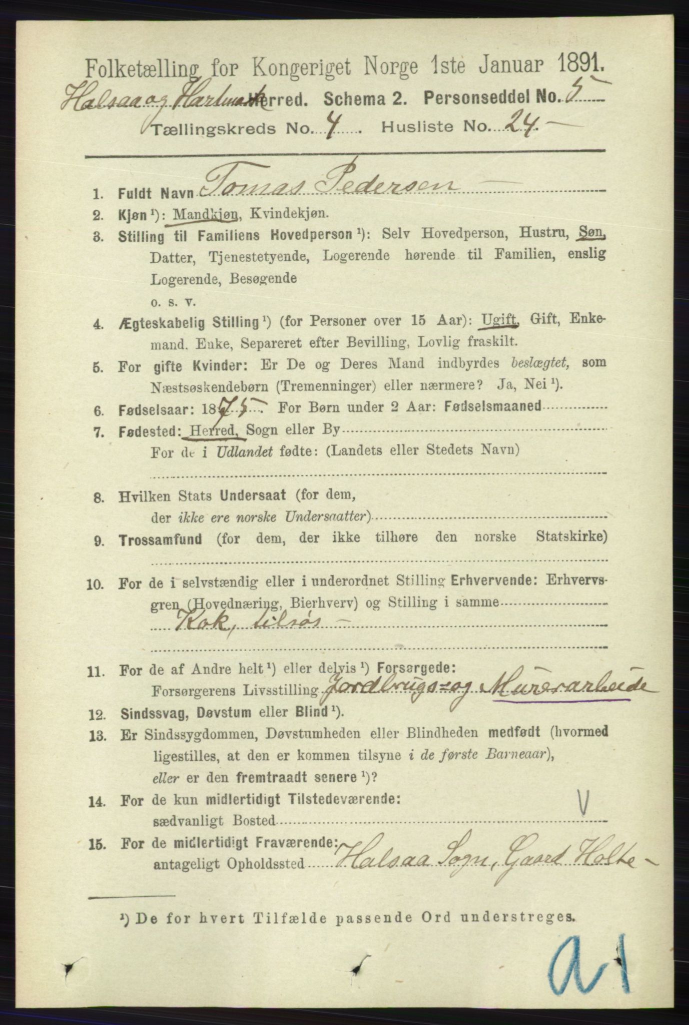 RA, 1891 census for 1019 Halse og Harkmark, 1891, p. 1621