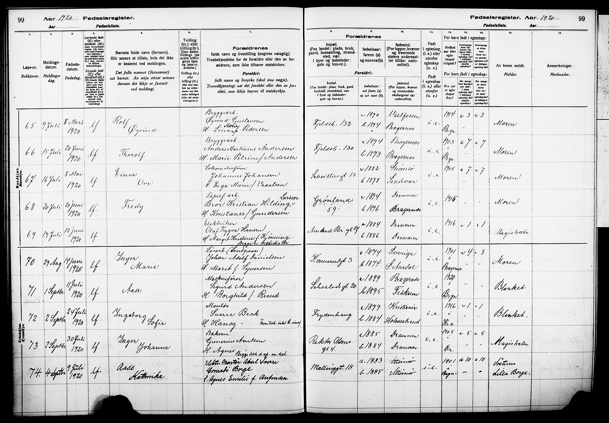 Strømsø kirkebøker, AV/SAKO-A-246/J/Ja/L0001: Birth register no. I 1, 1916-1925, p. 99