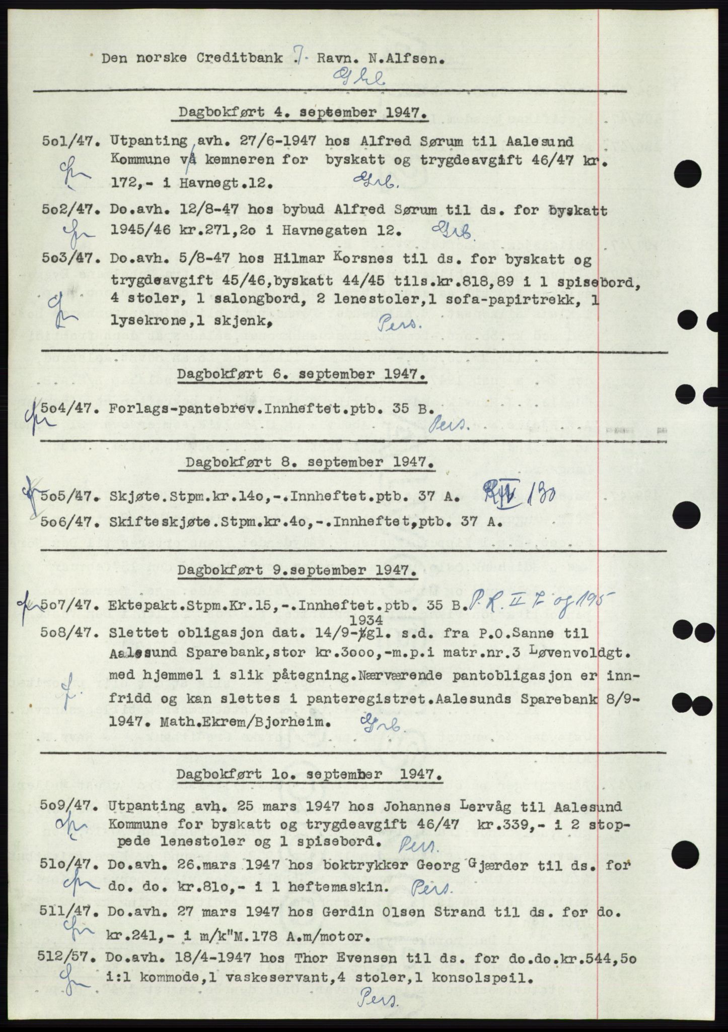 Ålesund byfogd, AV/SAT-A-4384: Mortgage book no. C34-35, 1946-1950, Diary no: : 501/1947