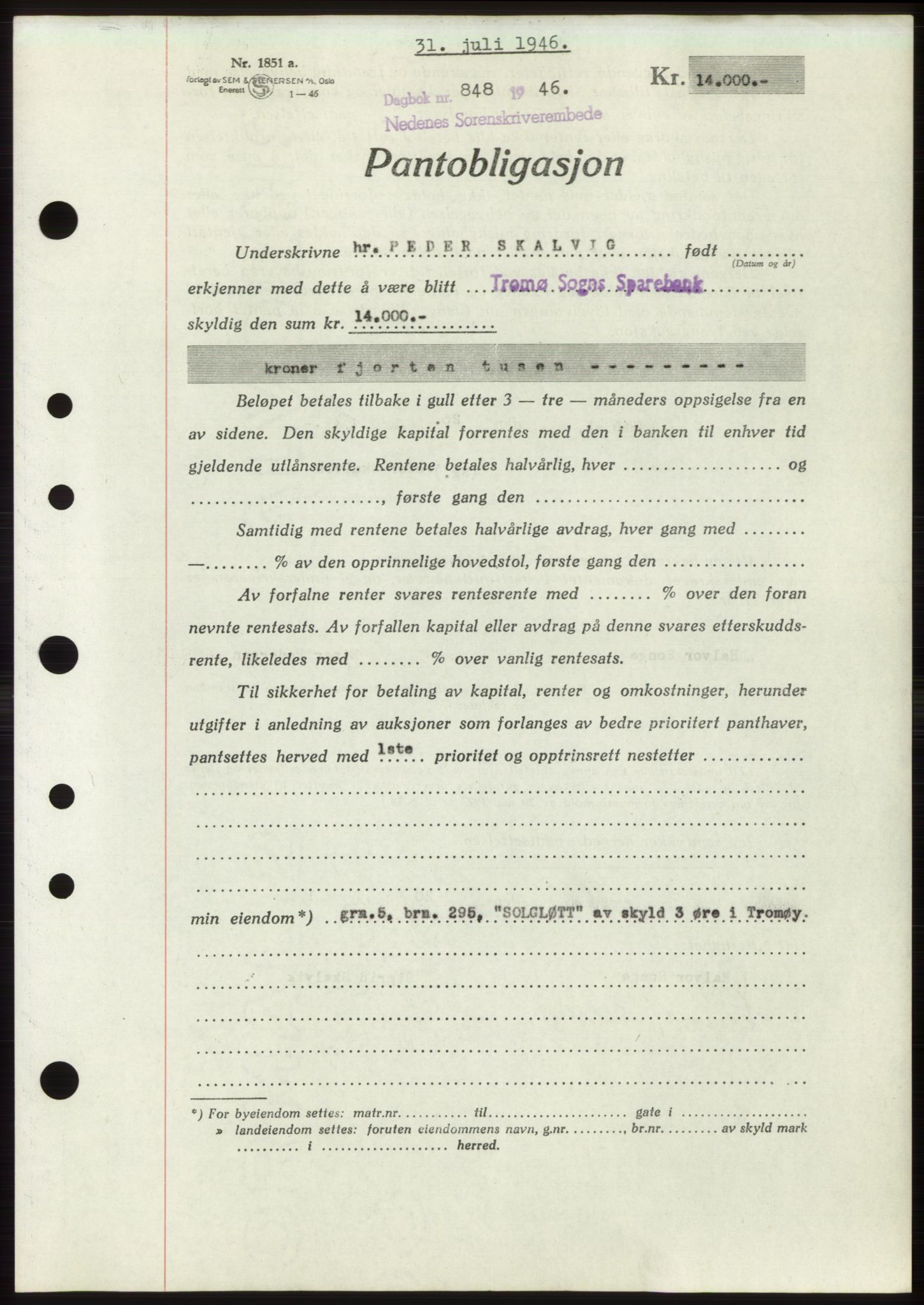 Nedenes sorenskriveri, SAK/1221-0006/G/Gb/Gbb/L0003: Mortgage book no. B3b, 1946-1946, Diary no: : 848/1946