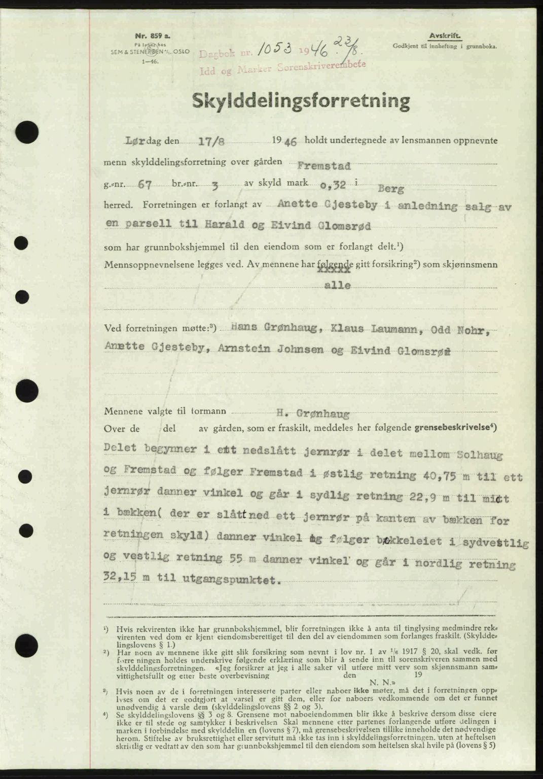 Idd og Marker sorenskriveri, AV/SAO-A-10283/G/Gb/Gbb/L0008: Mortgage book no. A8, 1946-1946, Diary no: : 1053/1946