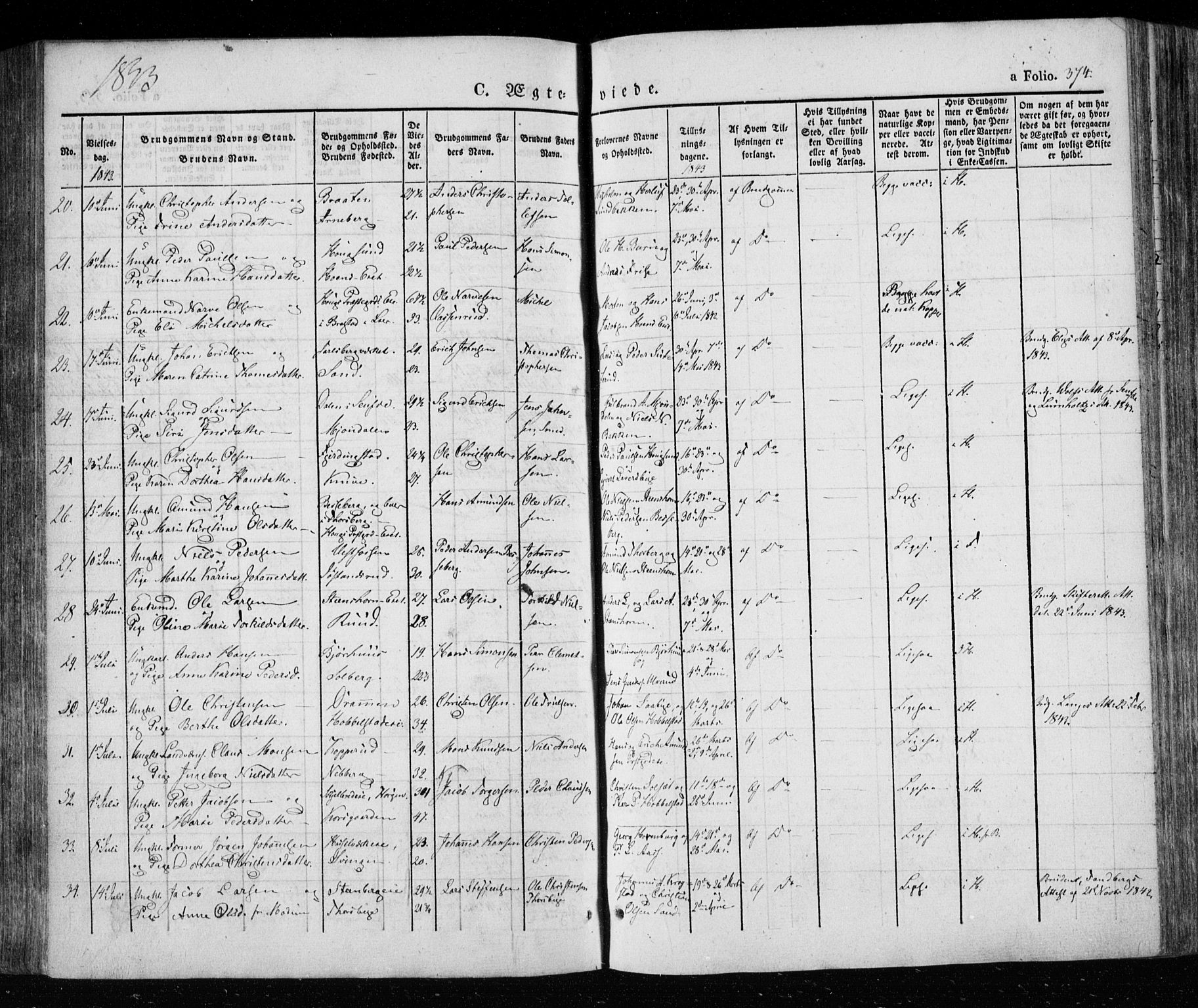 Eiker kirkebøker, AV/SAKO-A-4/F/Fa/L0013a: Parish register (official) no. I 13A, 1832-1845, p. 374