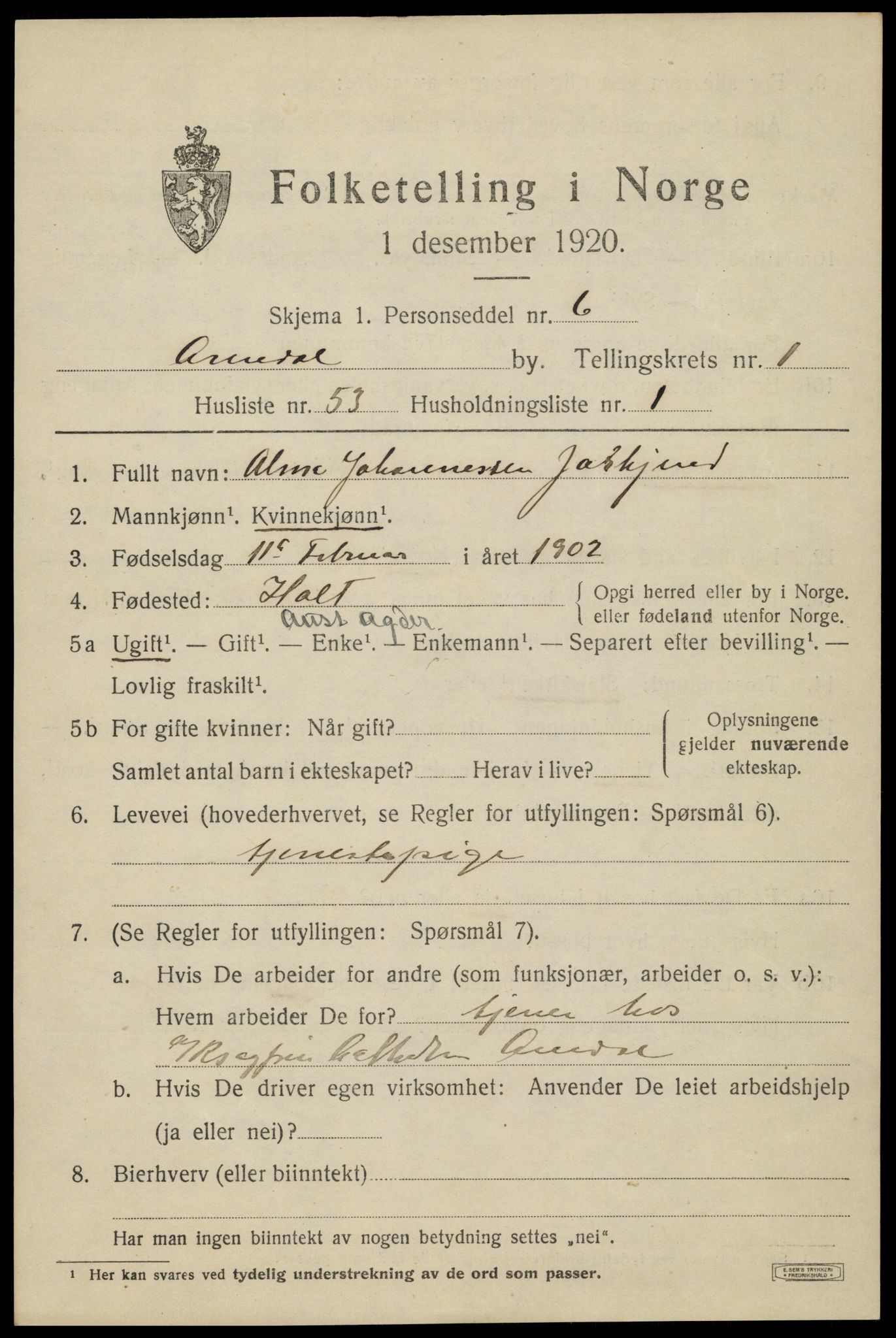 SAK, 1920 census for Arendal, 1920, p. 9918