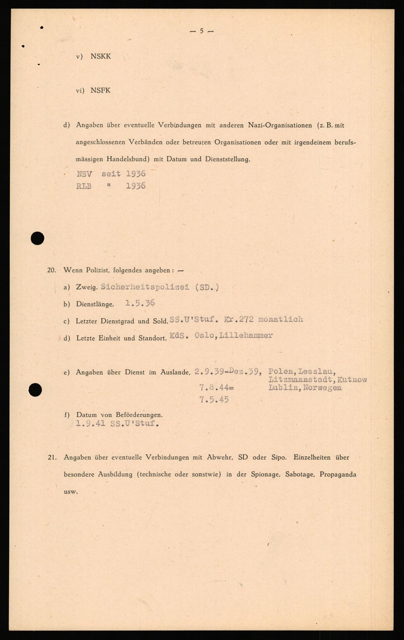 Forsvaret, Forsvarets overkommando II, RA/RAFA-3915/D/Db/L0031: CI Questionaires. Tyske okkupasjonsstyrker i Norge. Tyskere., 1945-1946, p. 95