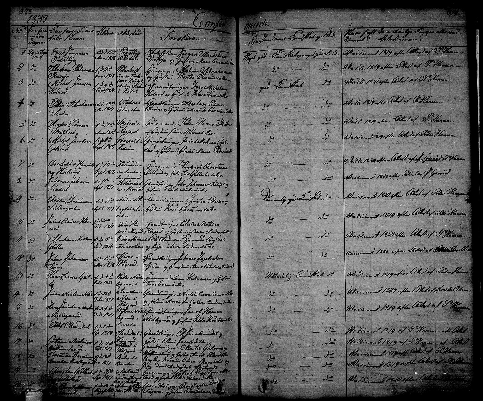 Andebu kirkebøker, AV/SAKO-A-336/G/Ga/L0003: Parish register (copy) no. I 3, 1832-1867, p. 378-379