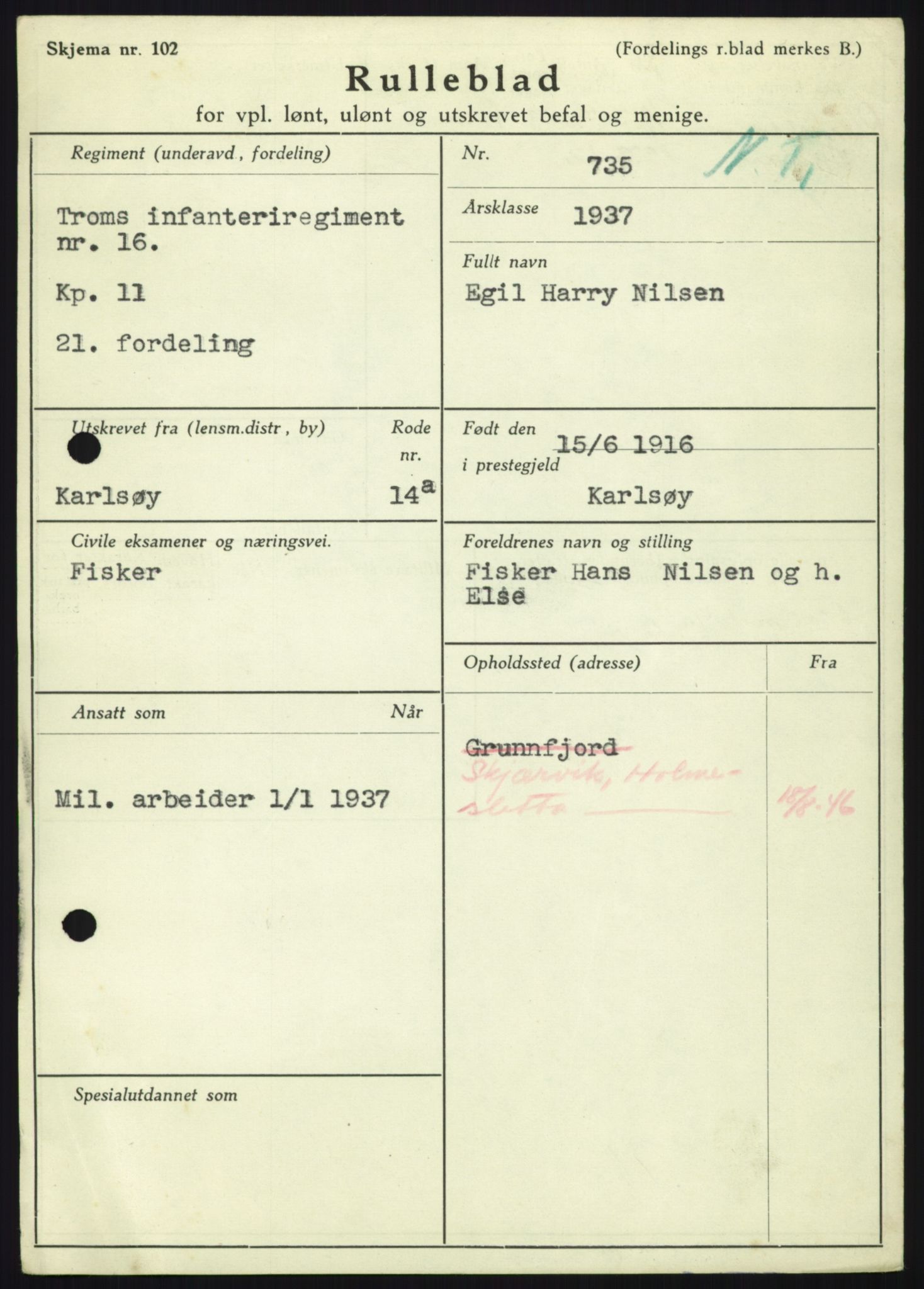 Forsvaret, Troms infanteriregiment nr. 16, AV/RA-RAFA-3146/P/Pa/L0021: Rulleblad for regimentets menige mannskaper, årsklasse 1937, 1937, p. 847