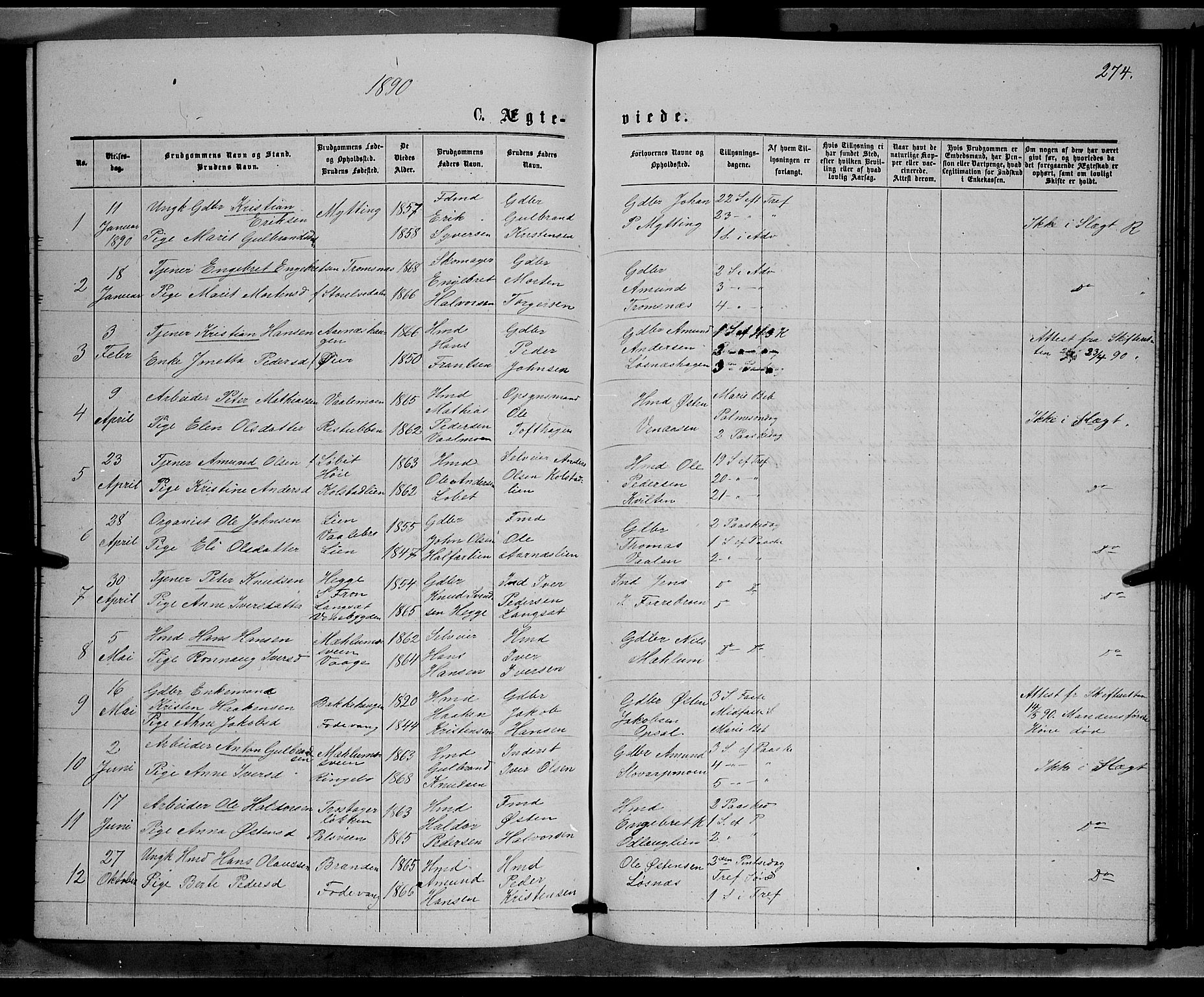Ringebu prestekontor, AV/SAH-PREST-082/H/Ha/Hab/L0006: Parish register (copy) no. 6, 1880-1898, p. 274