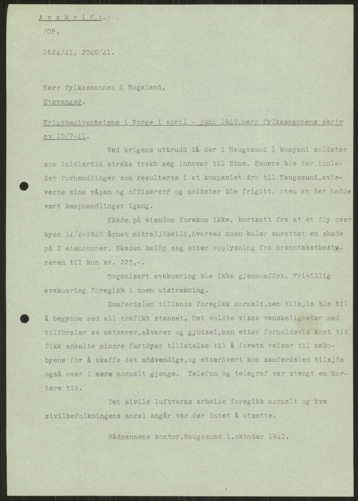 Forsvaret, Forsvarets krigshistoriske avdeling, AV/RA-RAFA-2017/Y/Ya/L0015: II-C-11-31 - Fylkesmenn.  Rapporter om krigsbegivenhetene 1940., 1940, p. 84