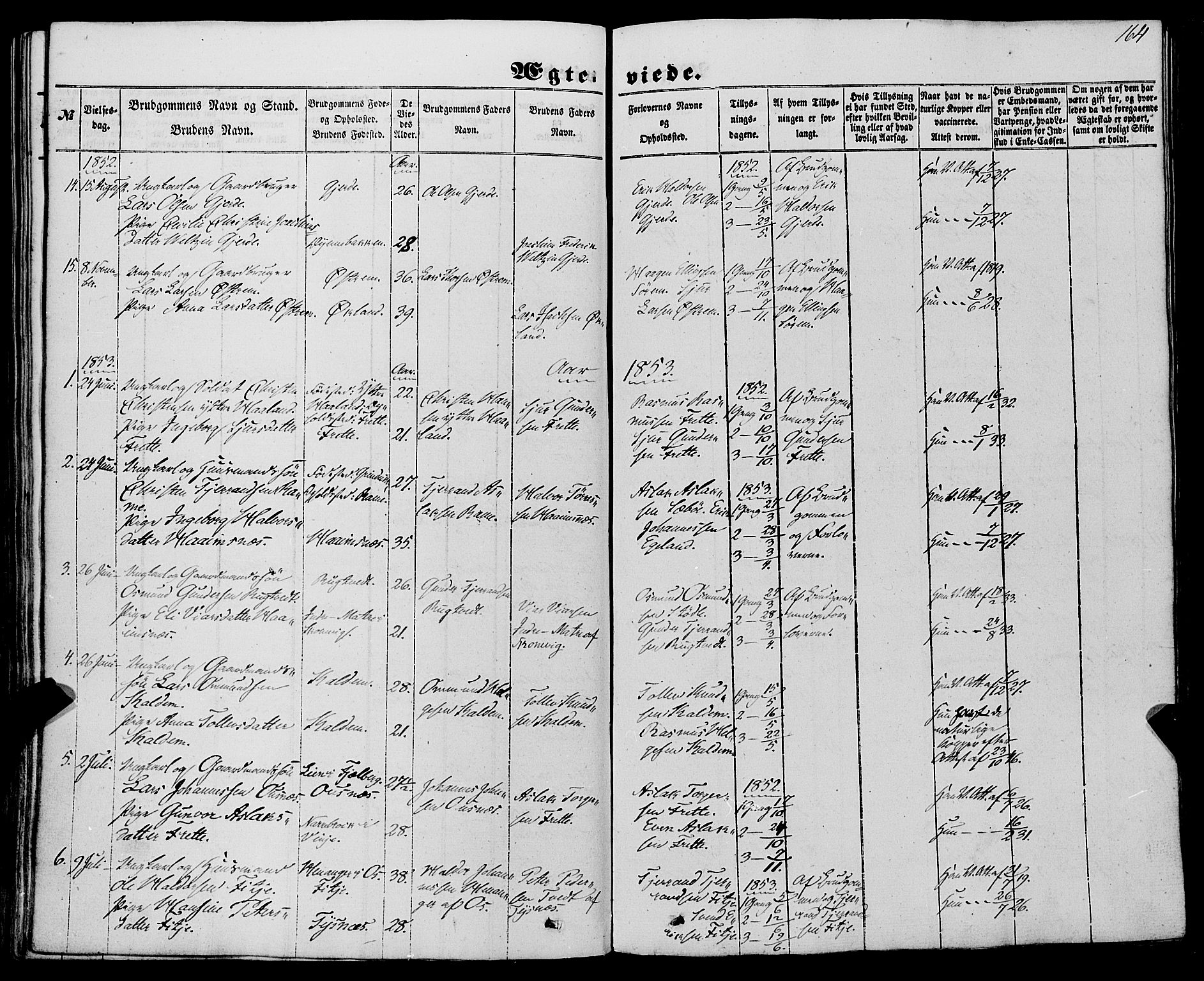 Etne sokneprestembete, AV/SAB-A-75001/H/Haa: Parish register (official) no. A 8, 1848-1862, p. 164