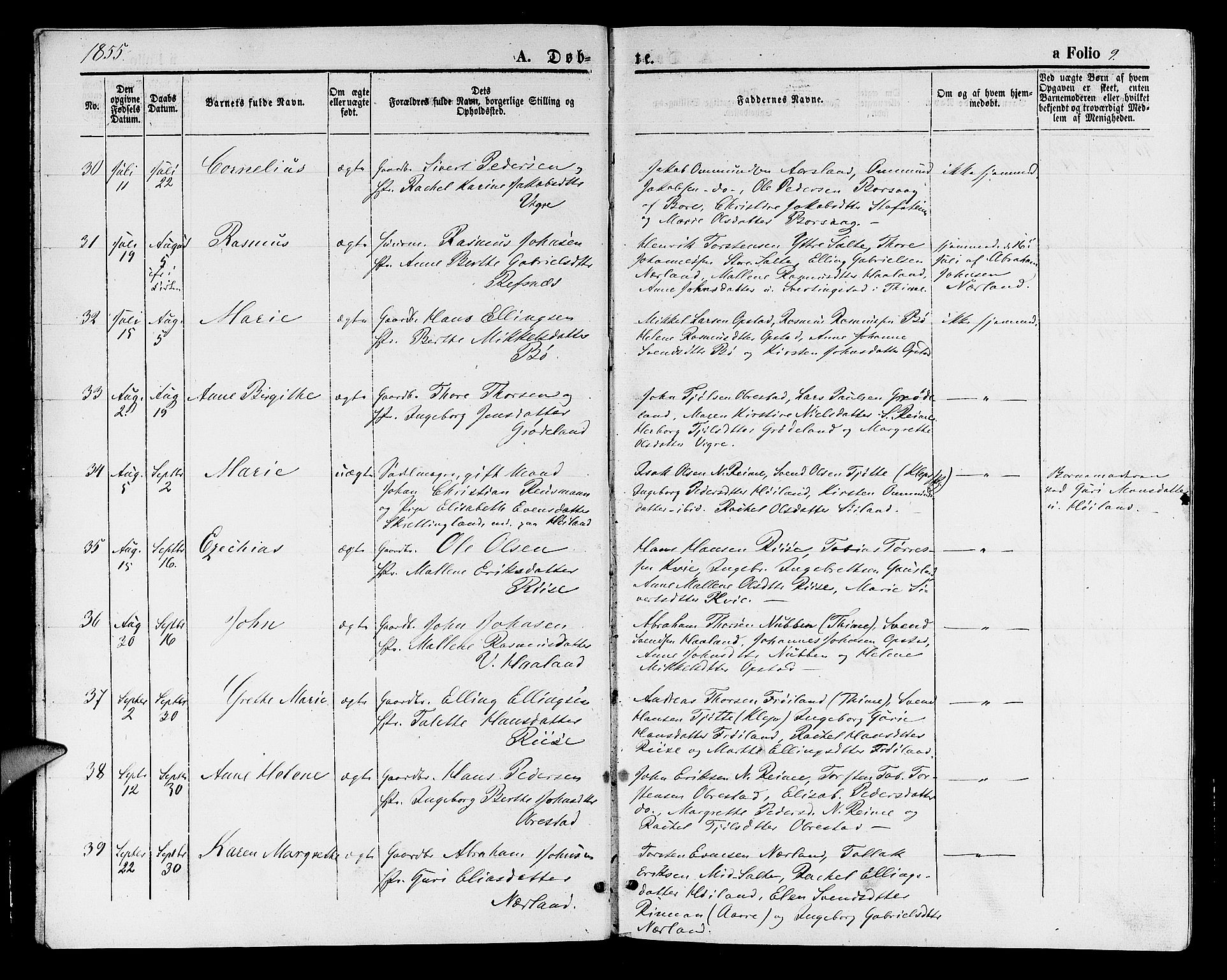 Hå sokneprestkontor, AV/SAST-A-101801/001/30BB/L0001: Parish register (copy) no. B 1, 1854-1883, p. 9