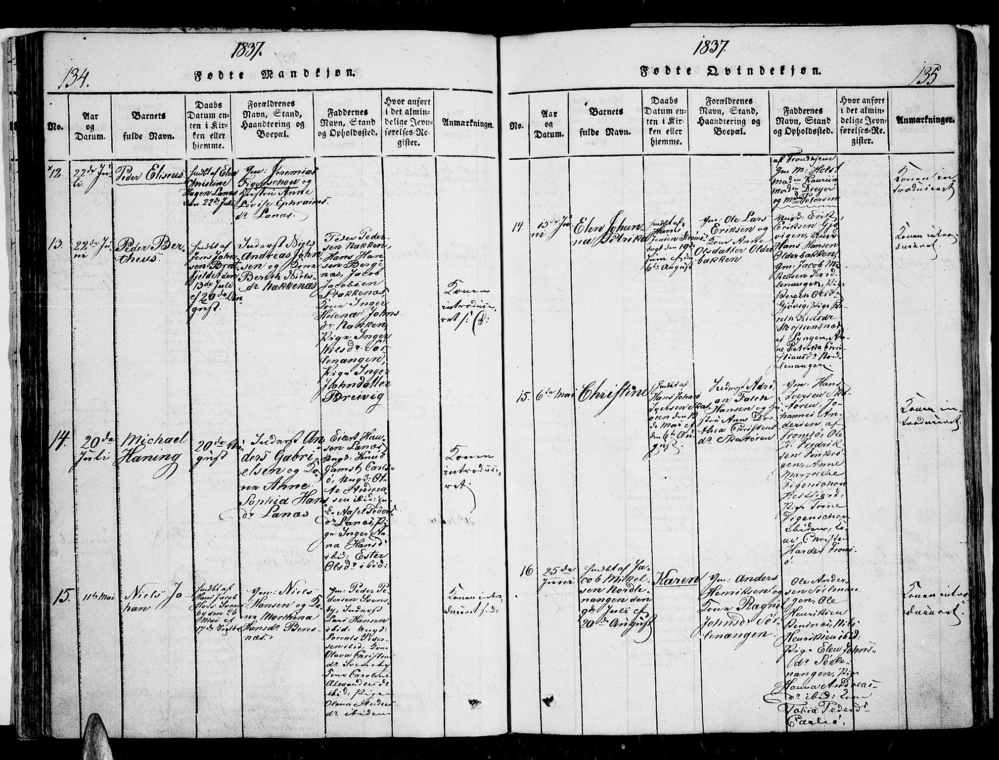 Karlsøy sokneprestembete, SATØ/S-1299/H/Ha/Haa/L0002kirke: Parish register (official) no. 2, 1823-1842, p. 134-135